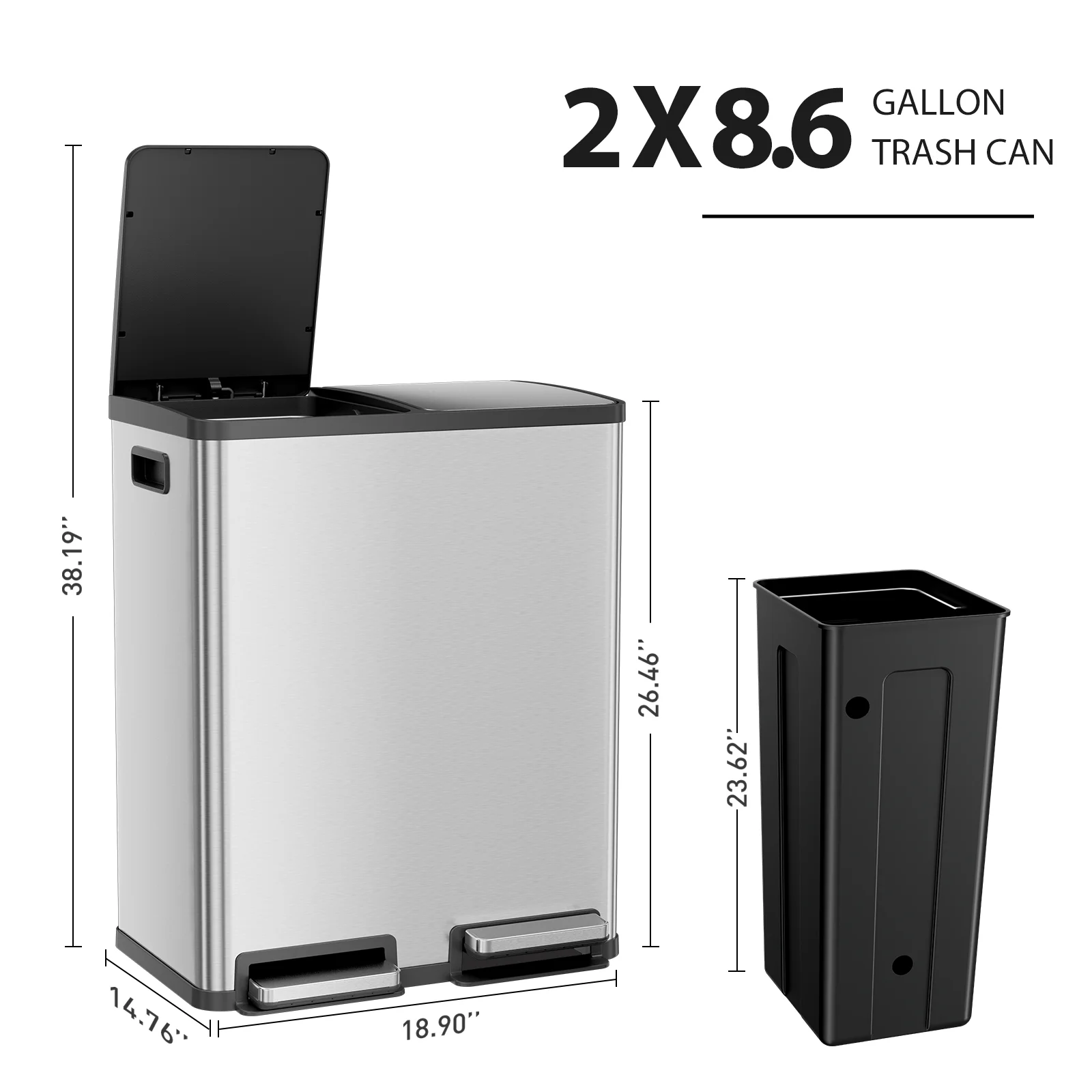 GIANNA Kitchen Trash Can with Soft-Close Foot Pedal, 60 Liter Large Stainless Waste Bin, For Home Kitchen Office, Silver