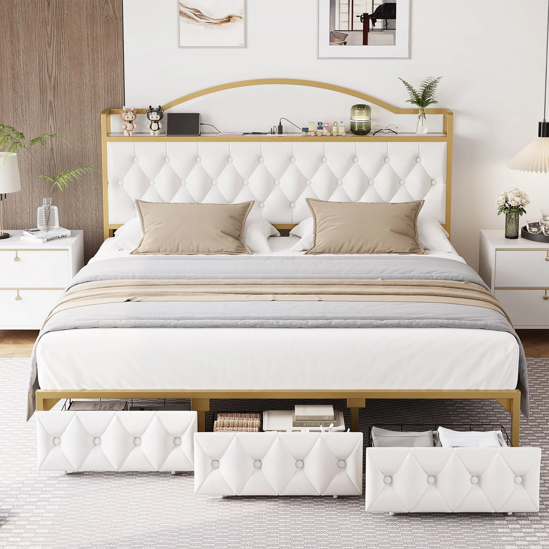 Homfa King Size Storage Bed with 3 Drawers, PU Leather Upholstered Bed with Shelving and Charging , White