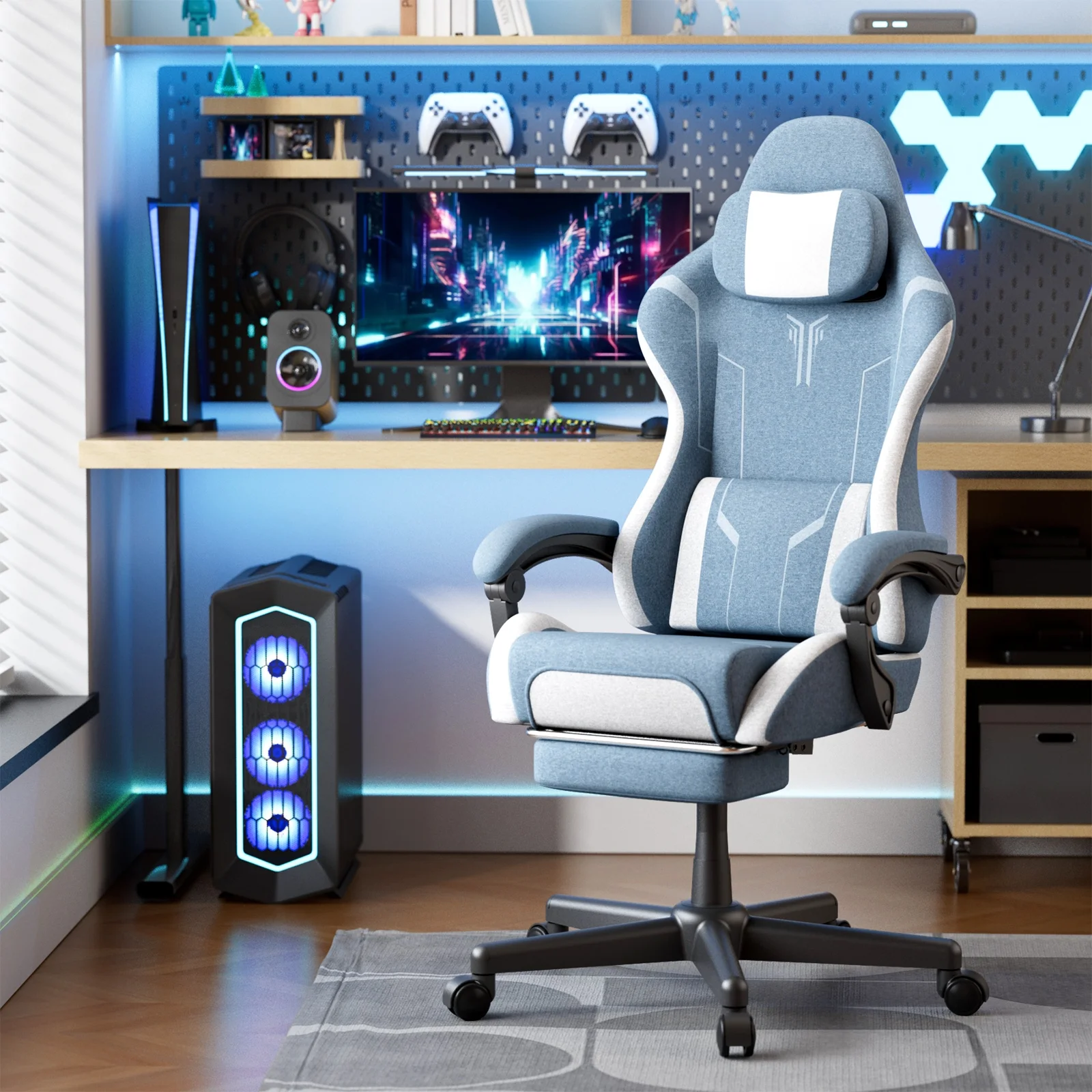 SOONTRANS Gaming Chair for Adults, Velvet Fabric High Back Comfortable Video Game Chair with Footrest and Massage Lumbar Cushion, Racing Computer Desk Chair, Ergonomic Gamer Chair, Black/Grey