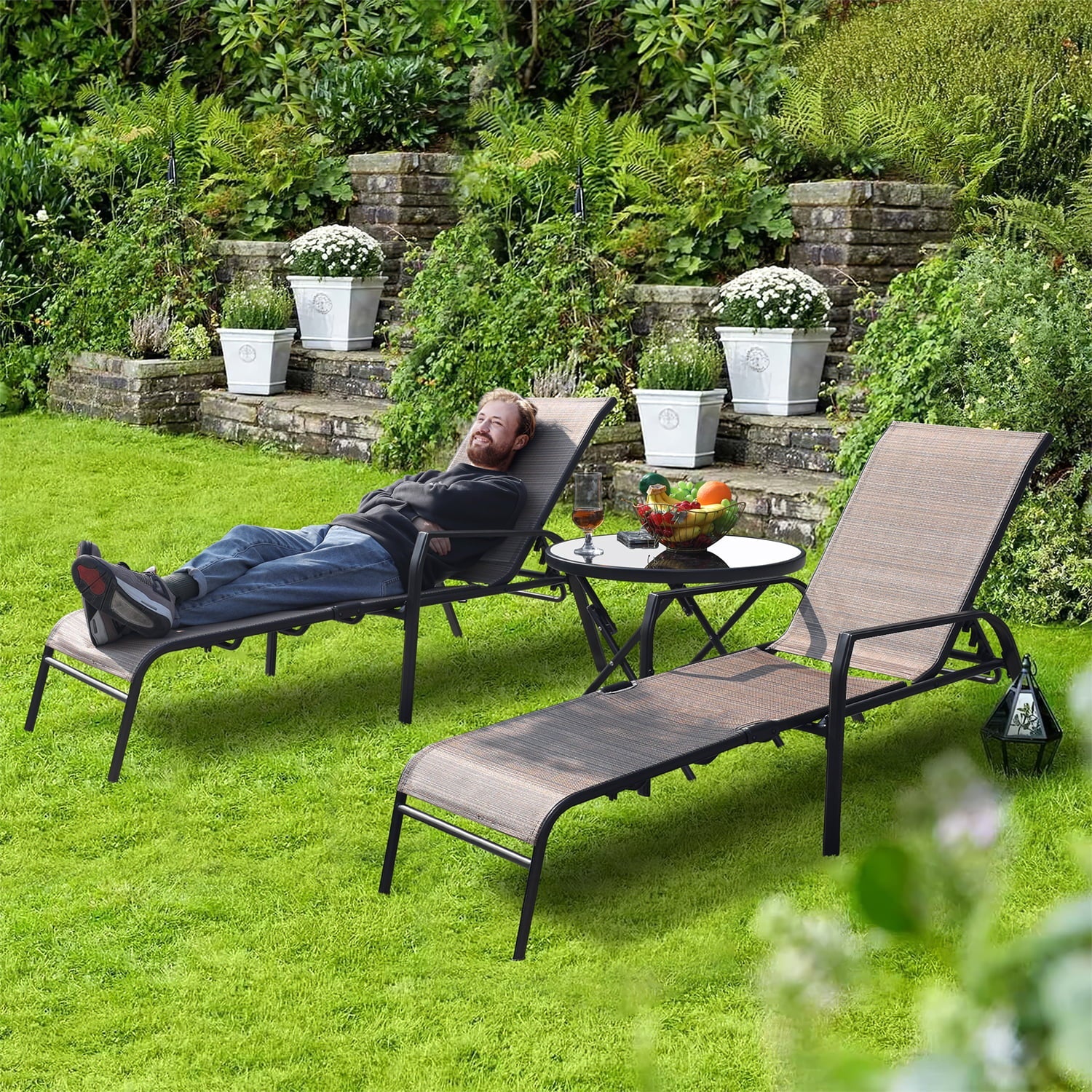 Devoko 3 Pcs Outdoor Chaise Lounge Steel Chair Sets Adjustable Backrest with Tempered Glass, Beige