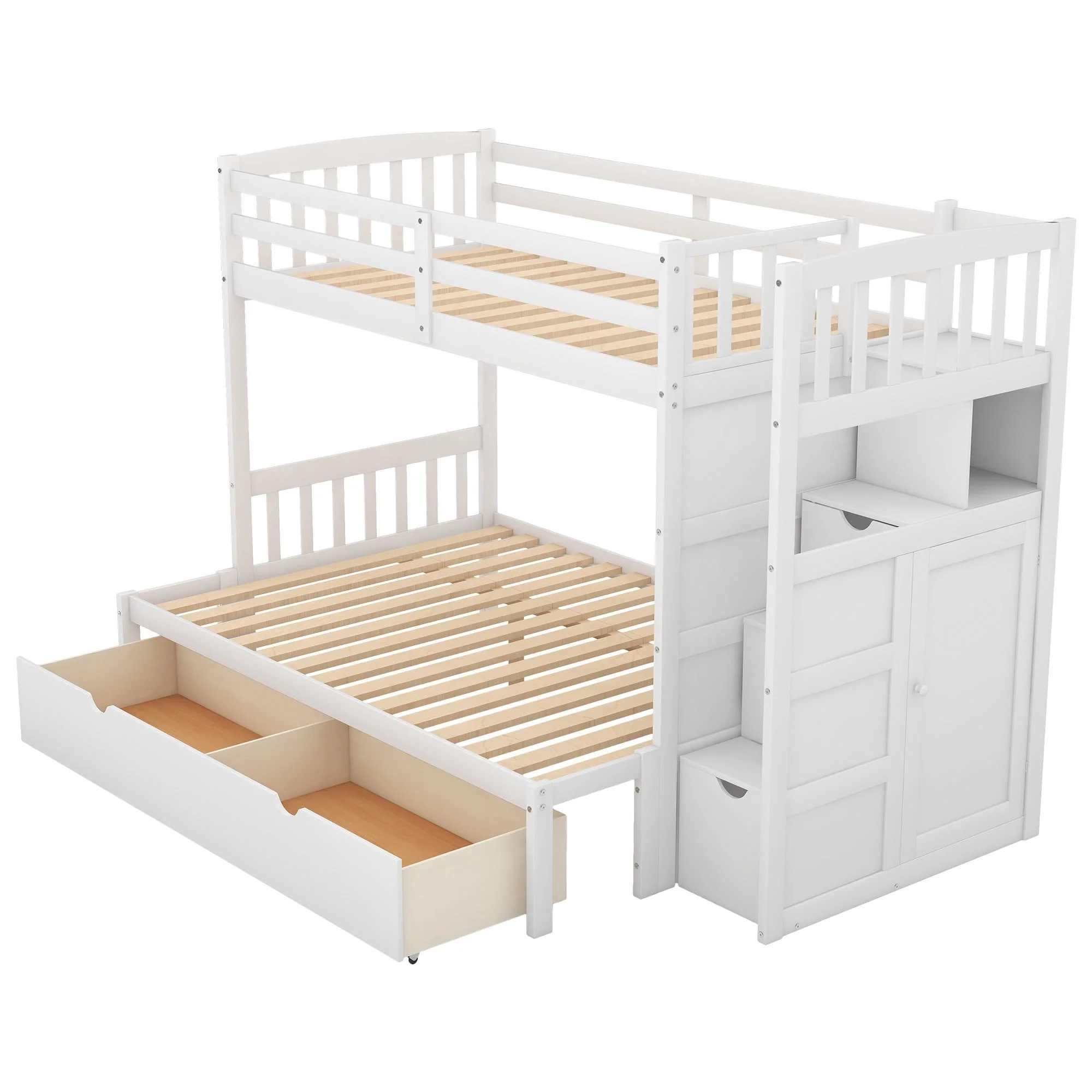 Euroco Twin over Twin Bunk Bed with Drawer and Cabinet for Kids Bedroom, White
