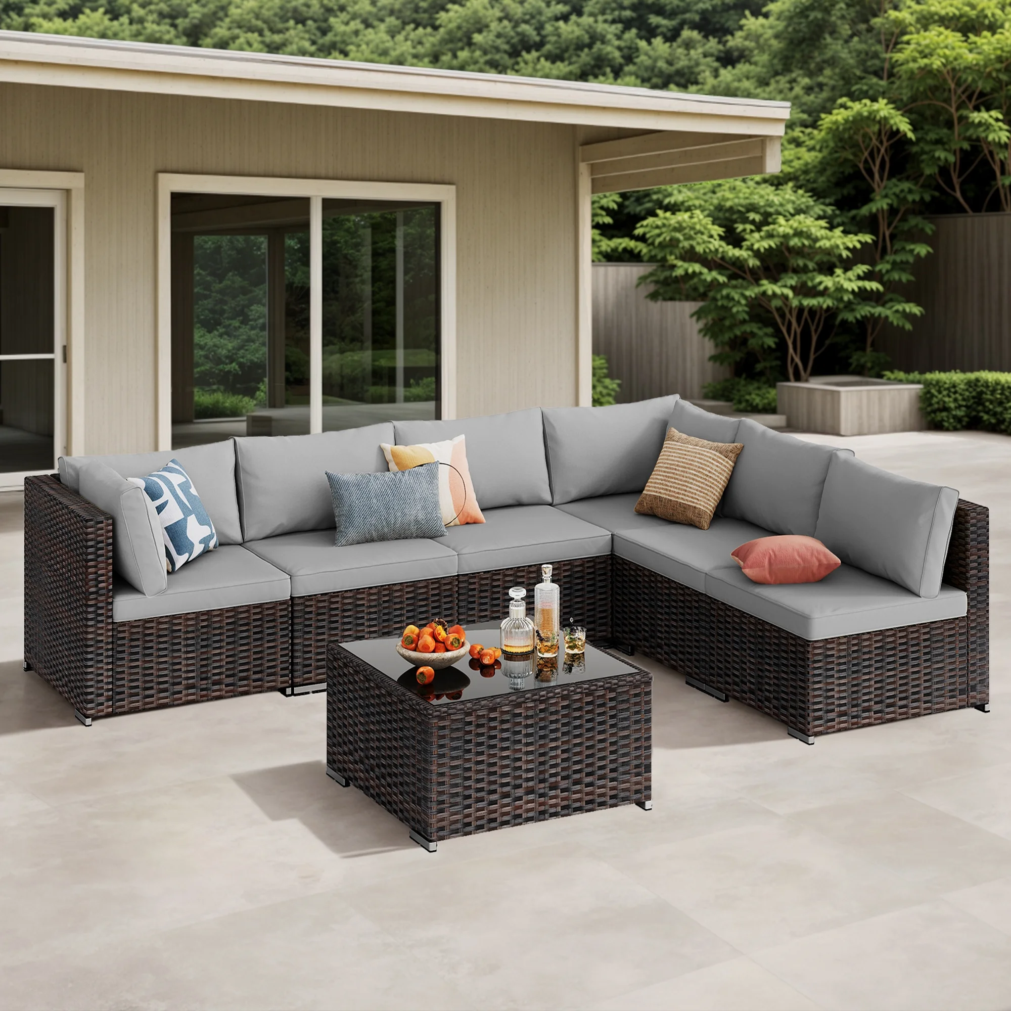 Patio Furniture Set, Lofka 7 Piece Outdoor Sectional Furniture Chair Set with Cushions and Coffee Table, Gray