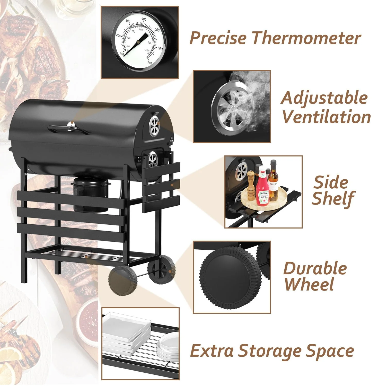 Vineego 29-Inch Charcoal Grill Outdoor BBQ Smoker Picnic Camping Patio Backyard Cooking, Black