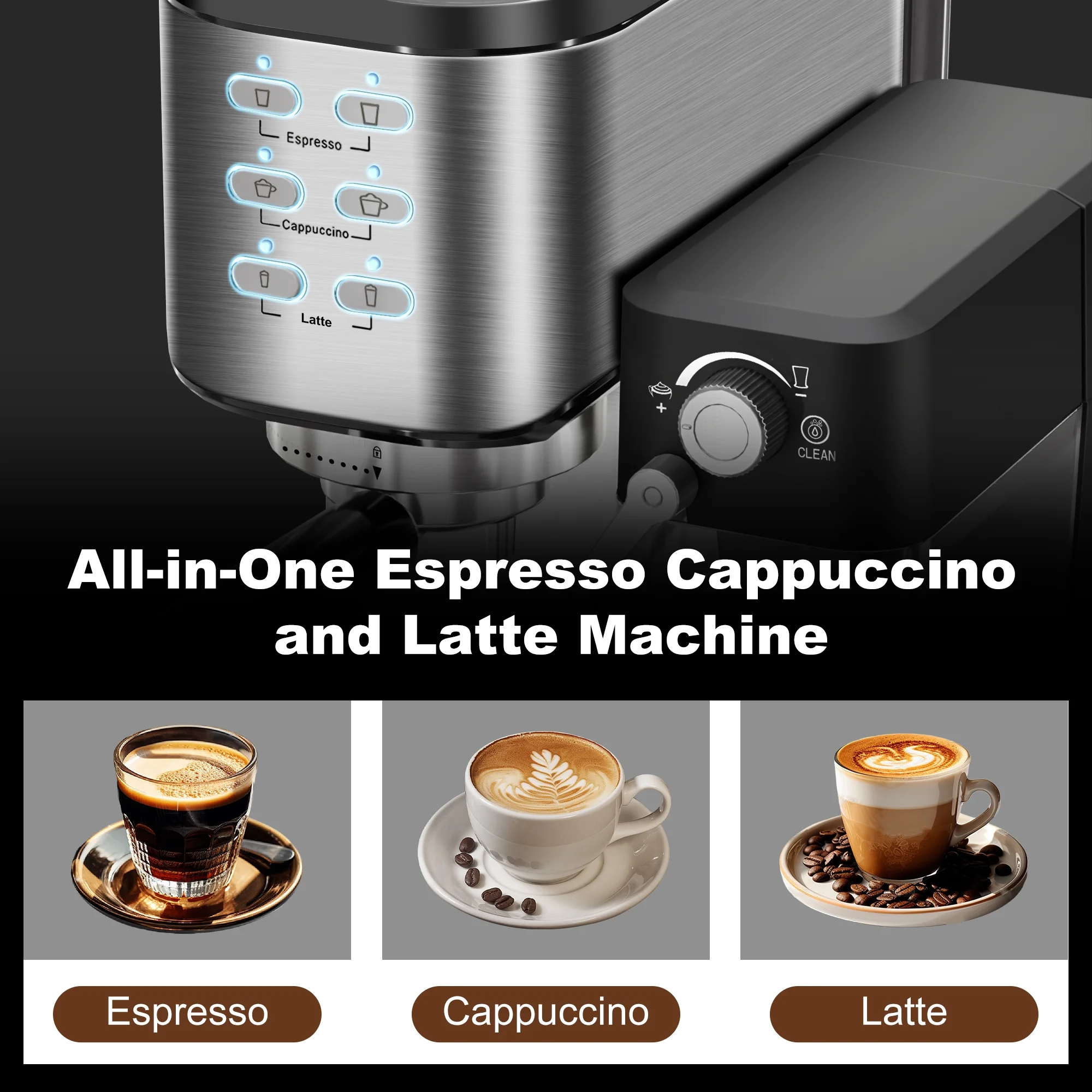 Bluebow 6-in-1 Espresso Machine, 20 BAR Cappuccino & Latte Machine with Built-In Milk Frother, One-Touch Single/Double Shot, 1350W, Stainless Steel