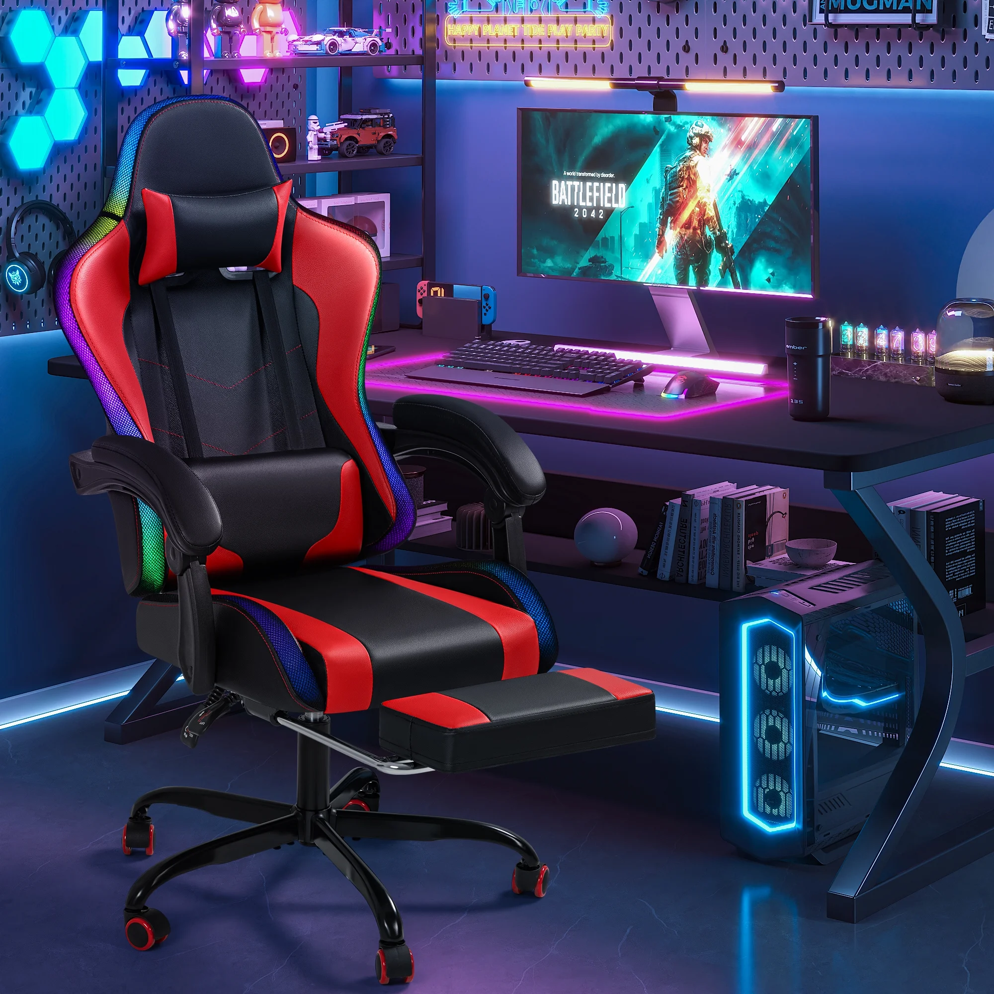 Homall RGB Gaming Chair with Massage and LED Lights Ergonomic Computer Chair with Footrest & Adjustable Lumbar Support, White