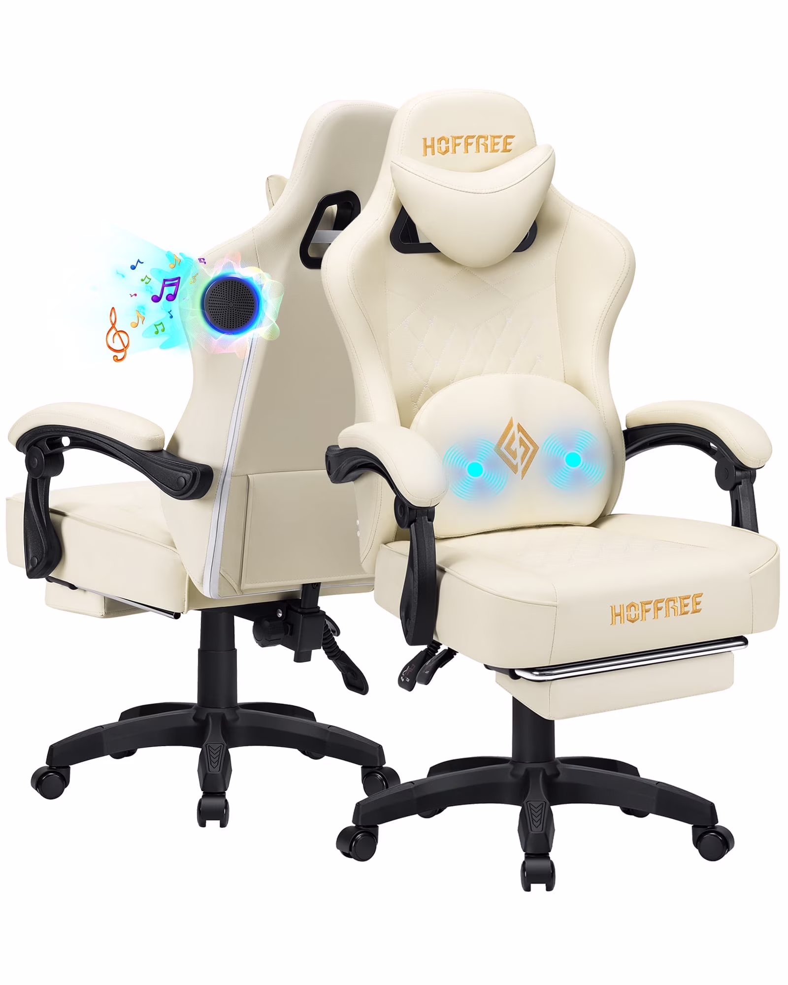 Hoffree Gaming Chair with Speakers PU Gamer Chair with footrest and massage Egonomic Computer Game Chair with Headrest and Lumbar Support for Adults and Office Gaming, 440 LBS