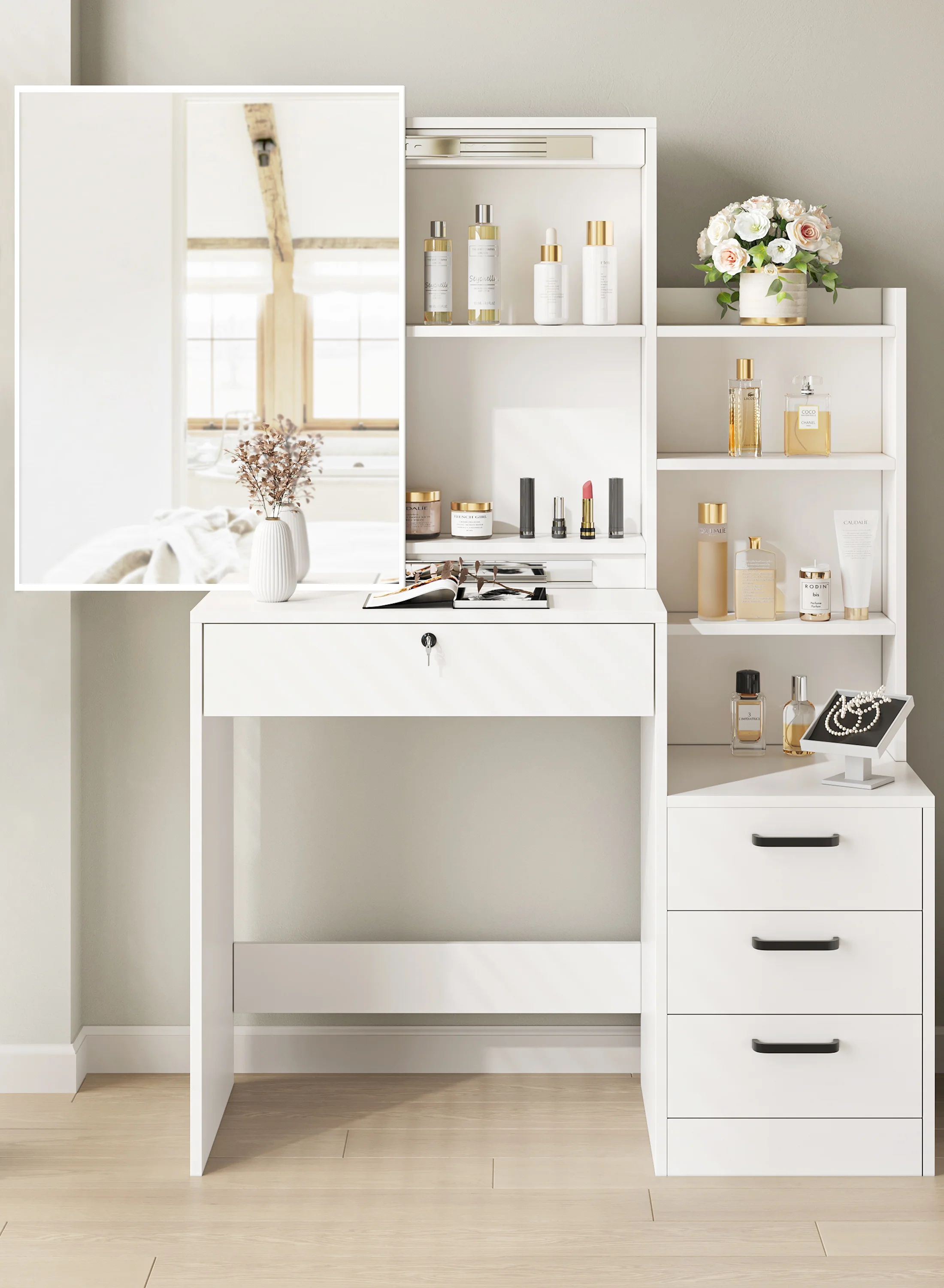 Furnibear Vanity Desk Set with Mirror and Light, Makeup Table with 2 Drawers and Cabinet, Power Outlet and 3 Color Modes Brightness Adjustable