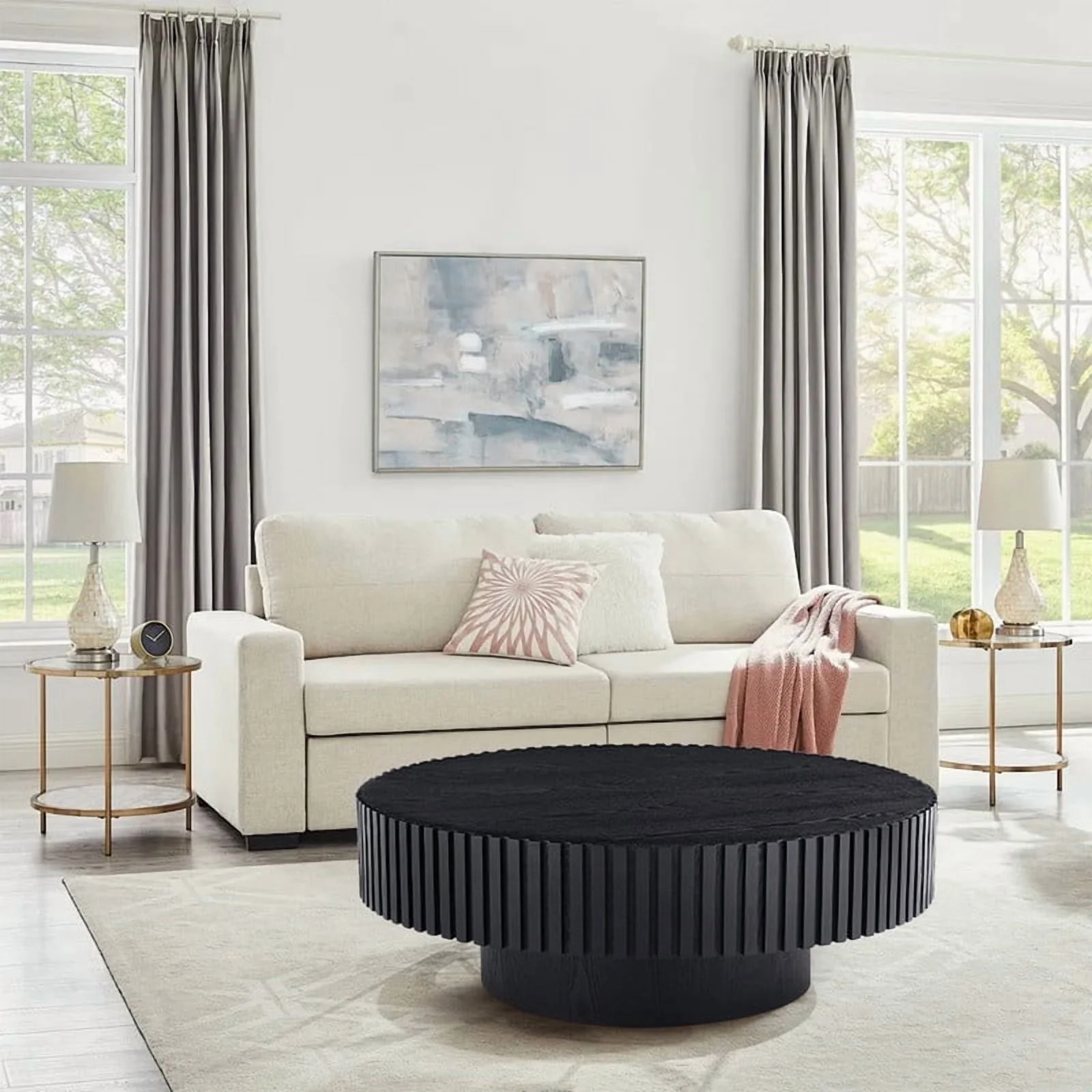 FFH 43.7 inch Oval Coffee Table for Living Room,Handcraft Rustic Corner Coffee Table Nature Wood Relief Sturdy Pedestal for Apartmen,Side Table Centre Table,Nature Wood