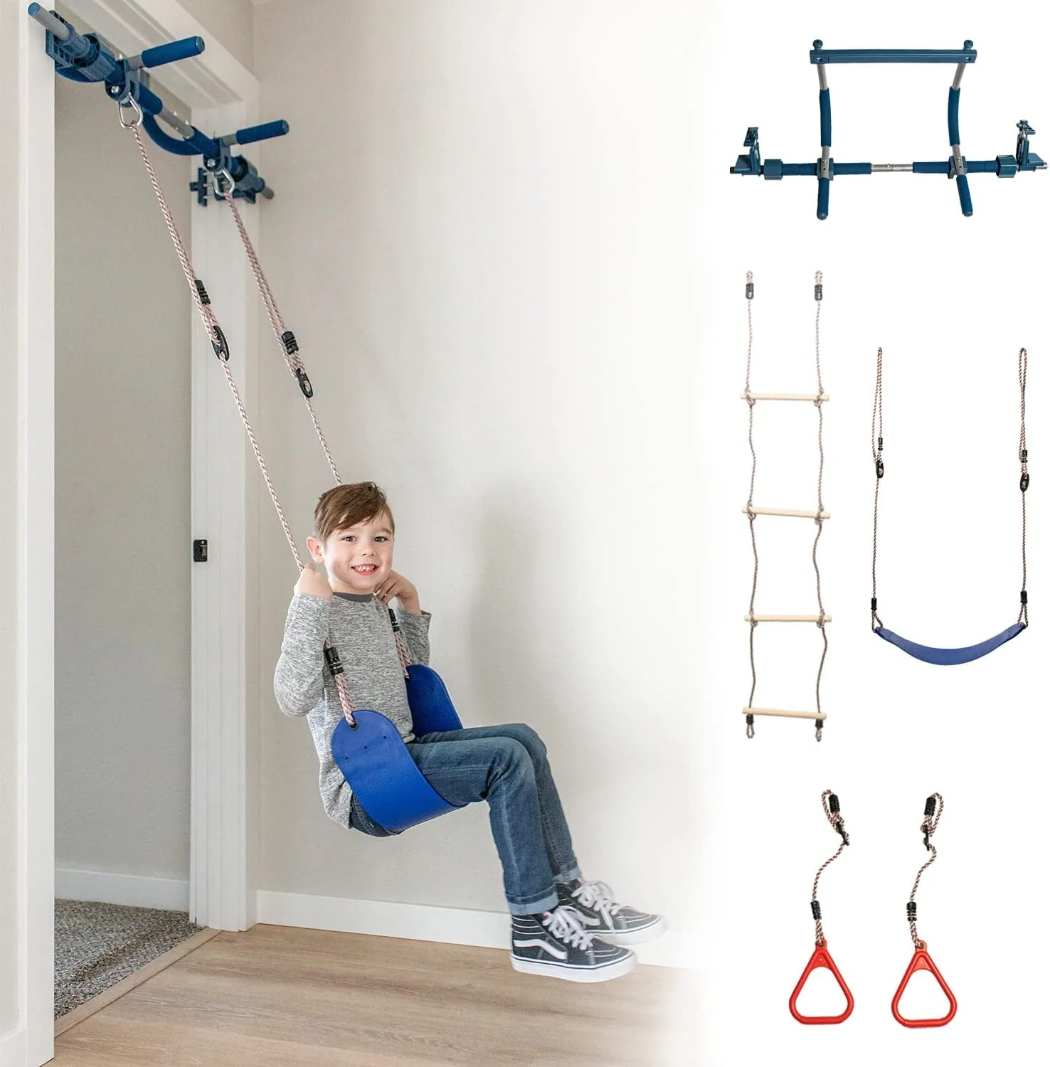 Gym1 - Deluxe Indoor Doorway Gym for Kids Playground Set - All in One Gym Set - Four Ways of Fun: Blue Indoor Swing, Plastic Rings, Climbing Ladder, and Pull Up Bar