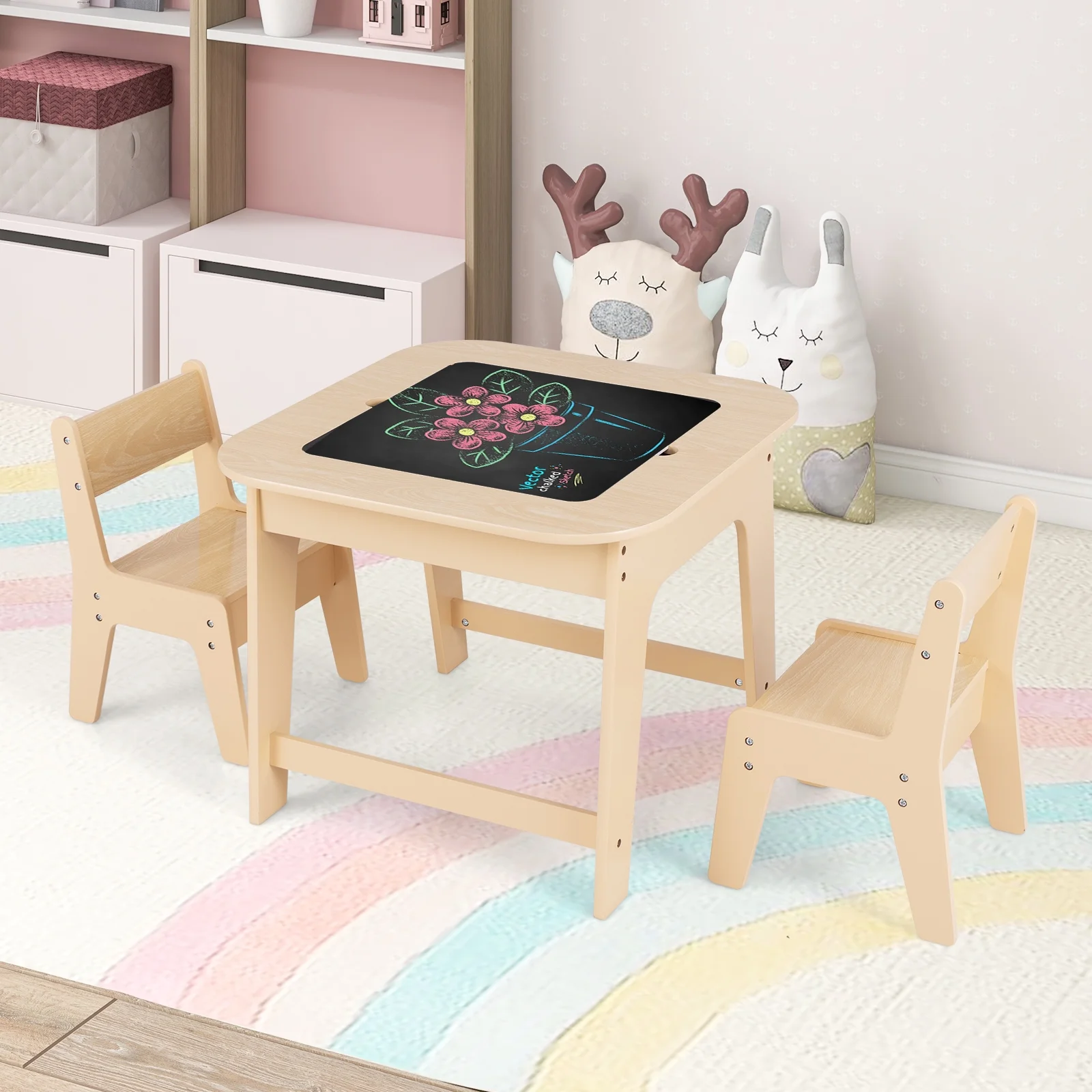 OLAKIDS Kids Table and Chair Set, 3 in 1 Wooden Activity Table with Removable Tabletop, Blackboard and Whiteboard for Toddlers Arts Crafts Drawing Reading Playing, Playroom Nursery (Natural)