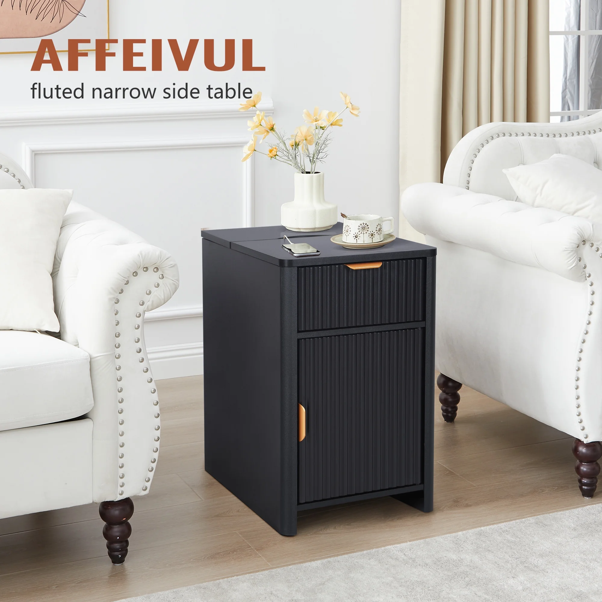 YOCWO Fluted Nightstand for Bedroom Set of 2 , Wood Bedside Table Set of 2 with Drawers, Black