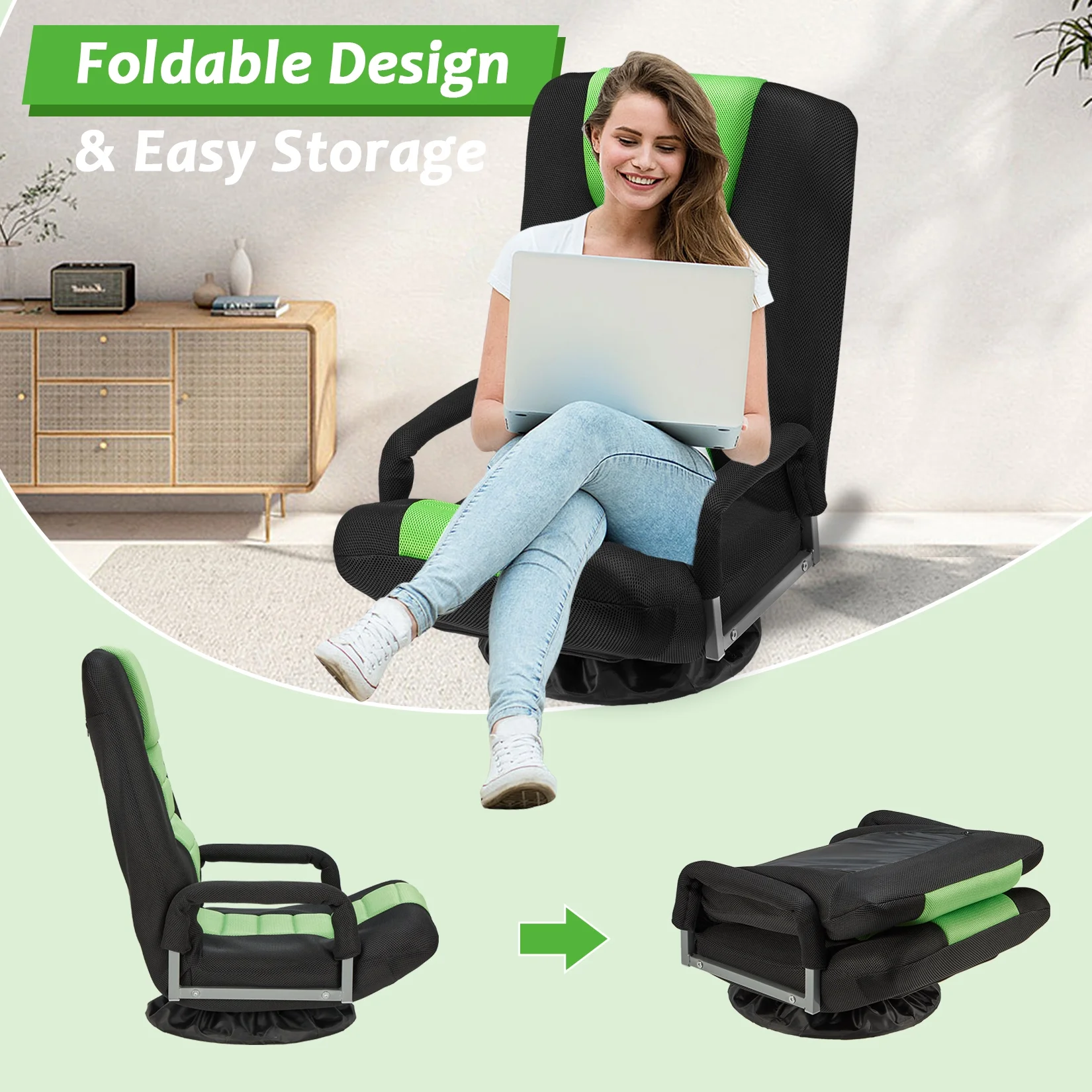 Avocahom Swivel Gaming Floor Chair w/ Armrest Handles, No Assembly gaming chair rocker, Folding Reclining Sofa w/6 Position Adjustable Backrest for Video Games, Watching TV, Reading,Blue