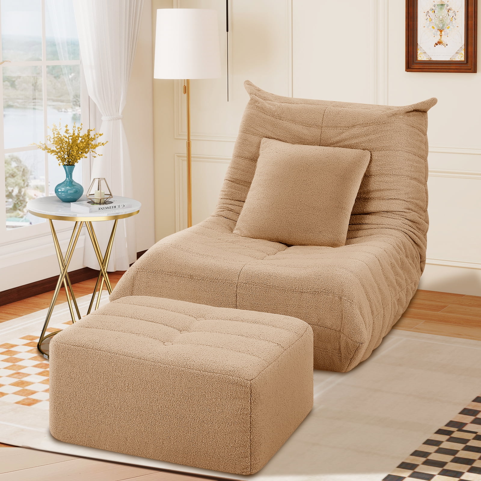 VFD Bean Bag Chairs for Adults, Beanbag Chair with Ottoman Lounge Sofa Memory Foam Comfy Reading Chair for Bedroom & Living Room, Lazy Floor Sofa Couch