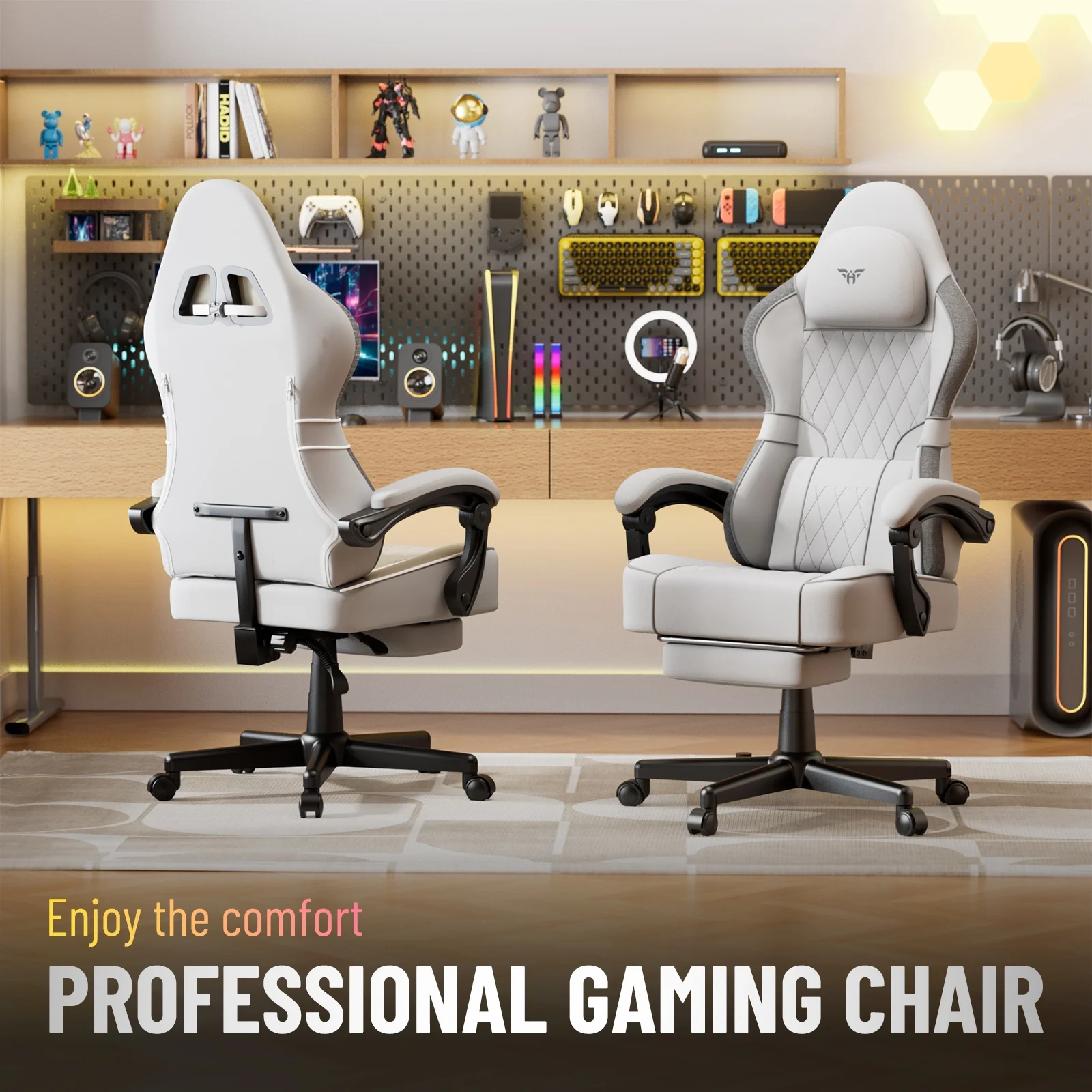 SOONTRANS Gaming Chair for Adults, Velvet Fabric High Back Comfortable Video Game Chair with Footrest and Massage Lumbar Cushion, Racing Computer Desk Chair, Ergonomic Gamer Chair, Black/Grey