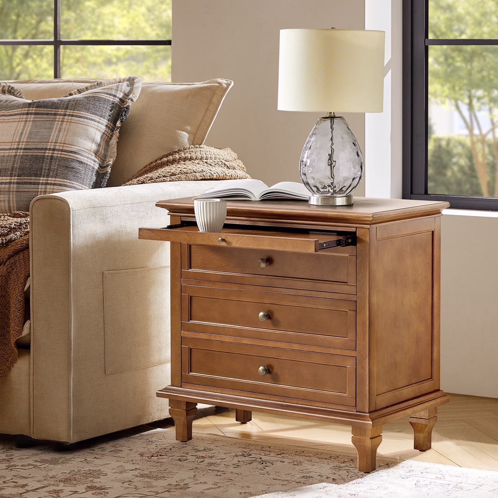 Farmhouse 3 Drawers Nightstand with Tray Bedside Table with Charging Station Acorn
