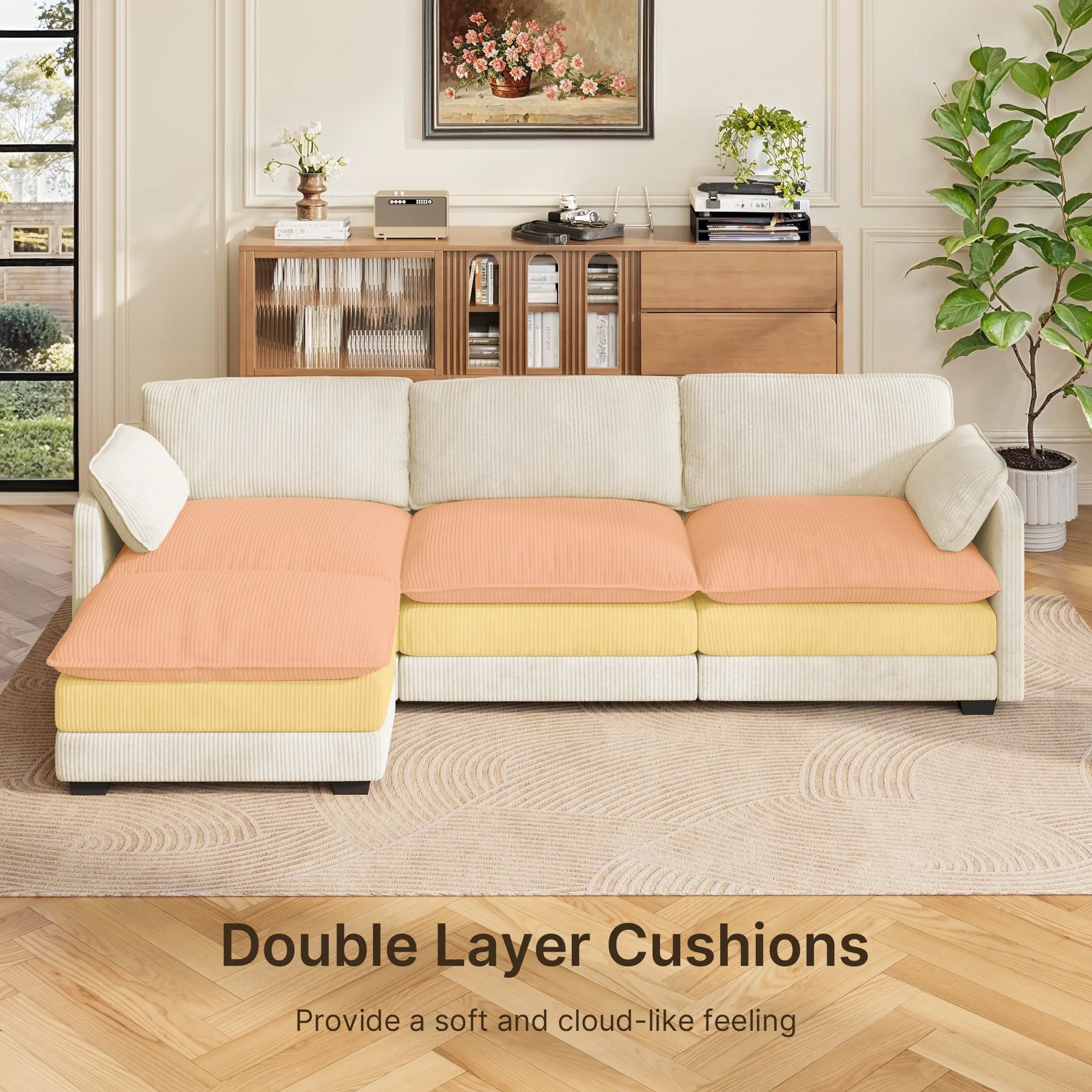 Lofka 110�� Modular Sectional Sofa Bed with Double Layer Cushions and Movable Ottoman, Modern Comfy Cloud Couch for Living Room, DIY Combination, Green