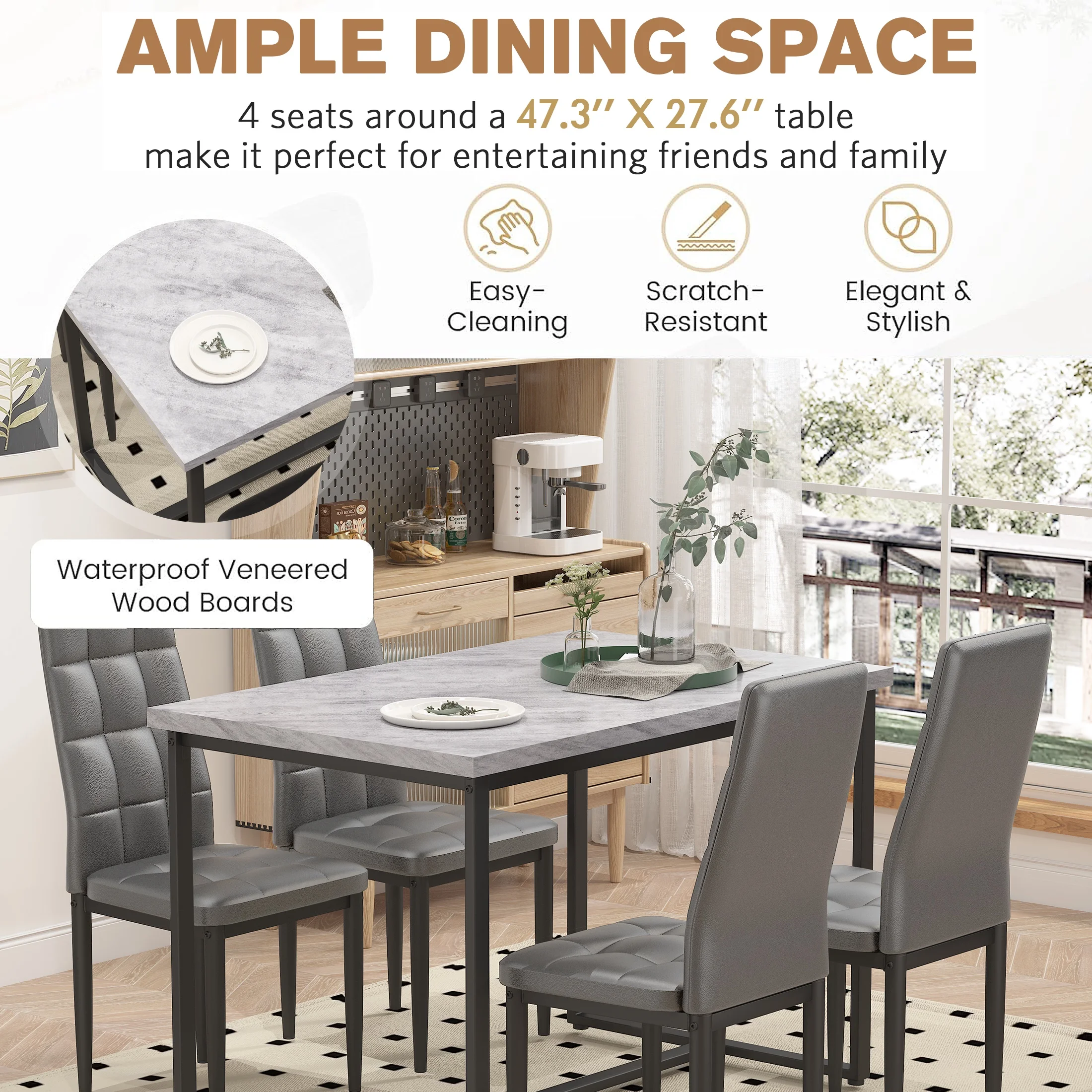 SEGMART Dining Table with 4 High-Back Upholstered Chairs, Modern Dinette Set, Dining Table & Chairs Set for 4 Persons, Small Home Kitchen Dining Table Set, Ideal for Apartment Breakfast Nook