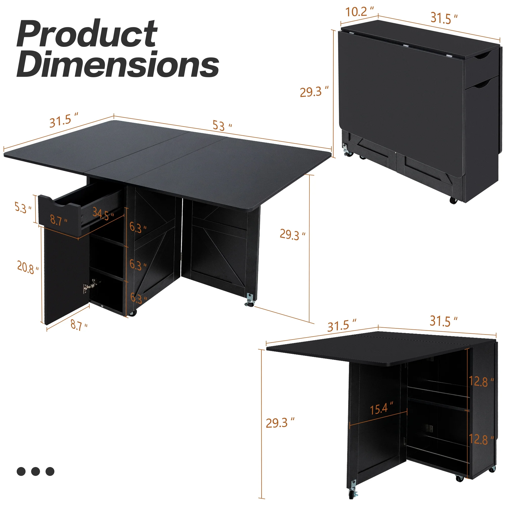 spanspace Folding Dining Table, Drop Leaf Dining Table with 6 Wheels and 2-Layer Storage Shelf, Space Saving Dining Table for Small Spaces,Folding Kitchen Table,White