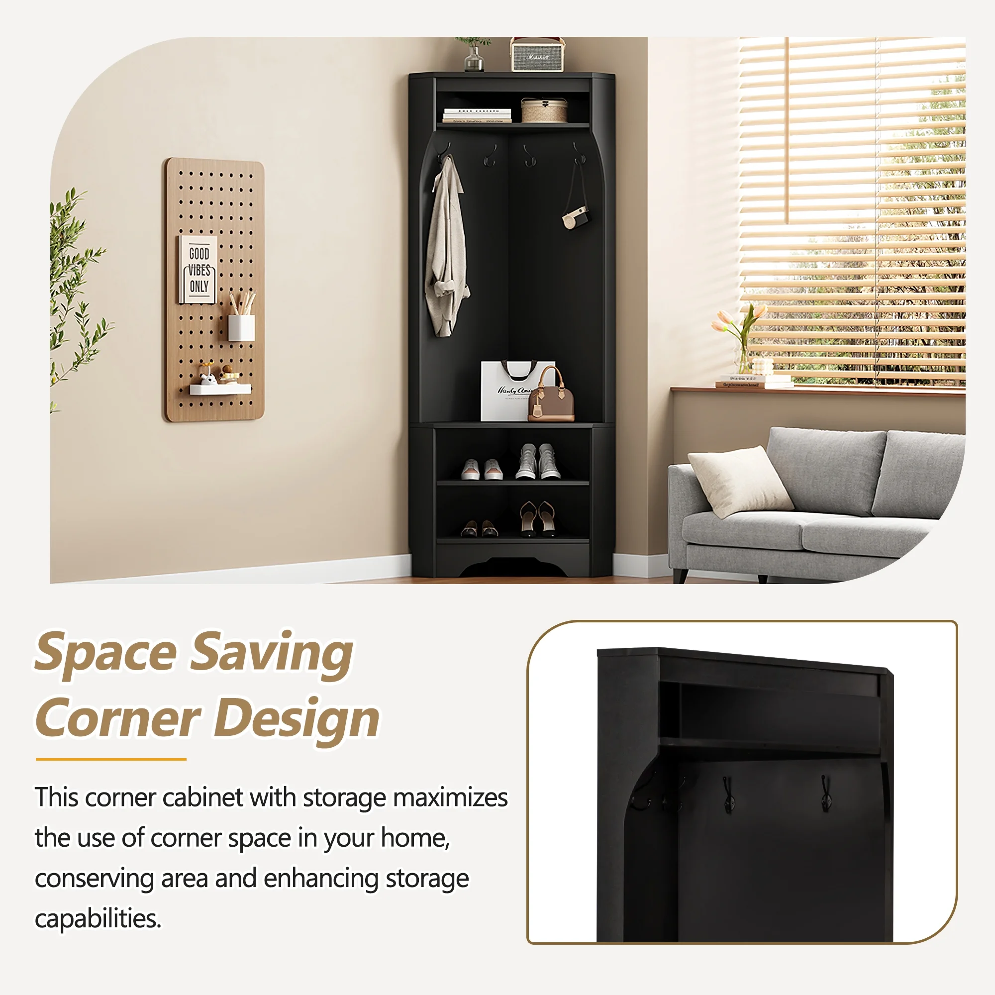 Euroco Corner Coat Rack with Shoe Bench and Adjustable Storage Shelf a?? Stylish Hall Tree for Entryway, Living Room, Office, or Bedroom