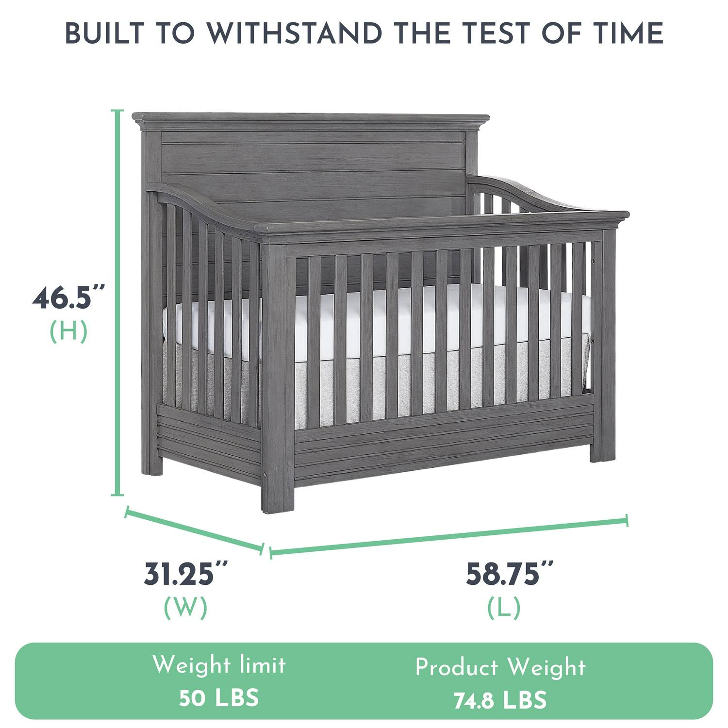 evolur Waverly 5-in-1 Full Panel Convertible Crib. Rustic Grey
