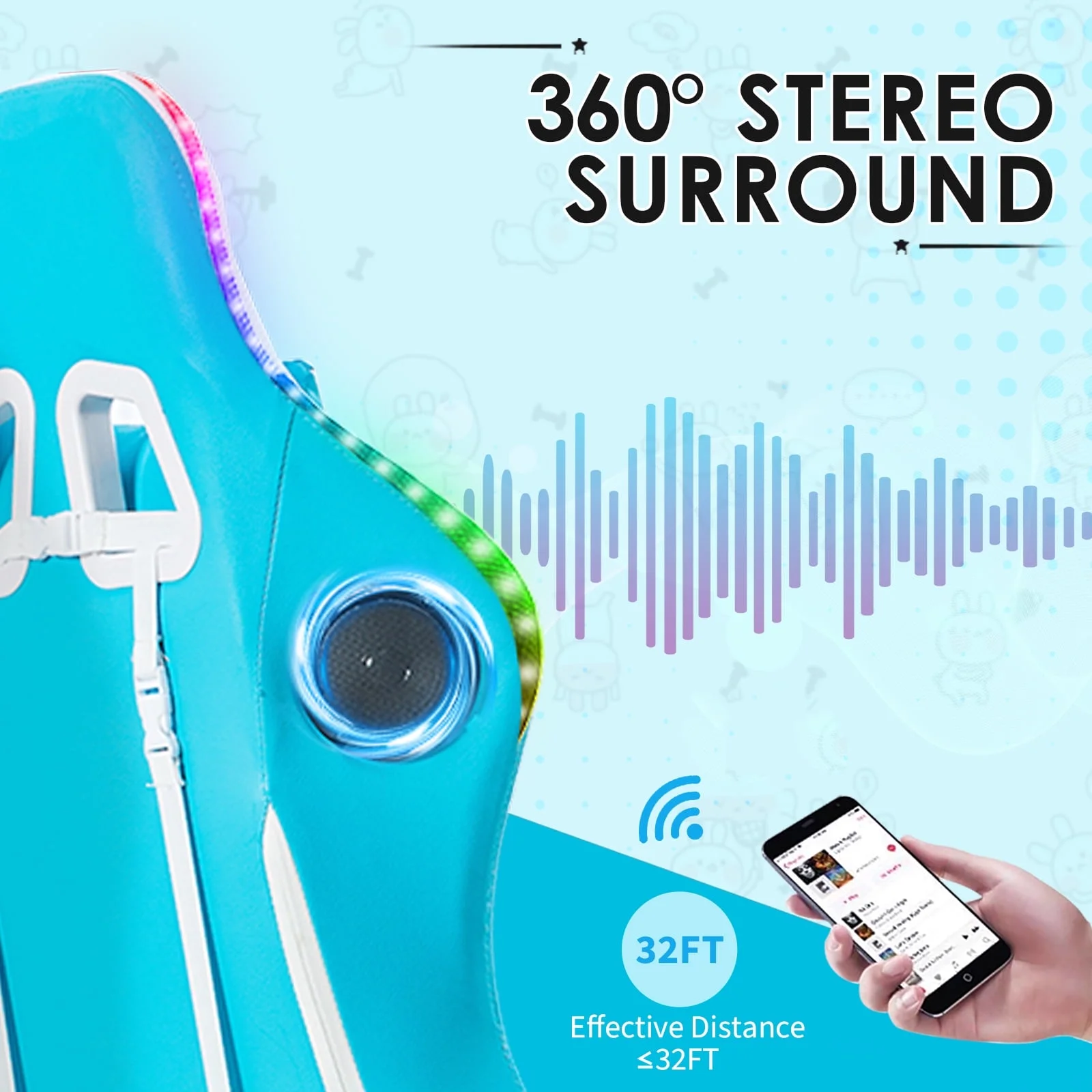 Hoffree Gaming Chair with Speakers PU Leather Office Chair with Footrest and LED Lights Ergonomic Gamer Chair with Massage Lumbar Support and Headrest Adjustable Swivel for Home Office 300lb