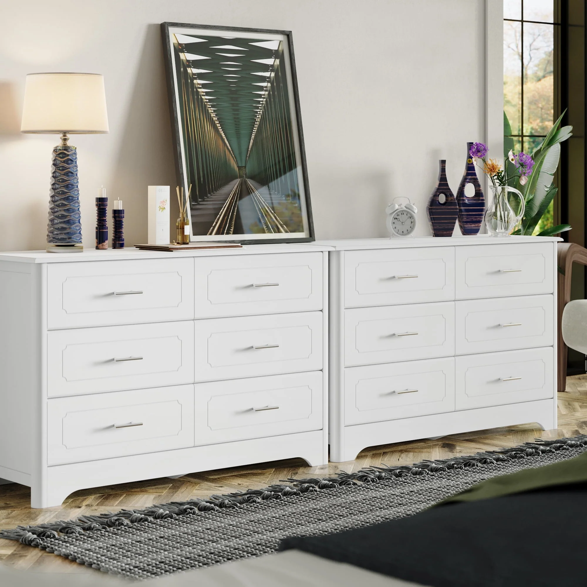 Homfa Double Dresser with 6 Drawer, White Horizontal Dresser Chest for Bedroom