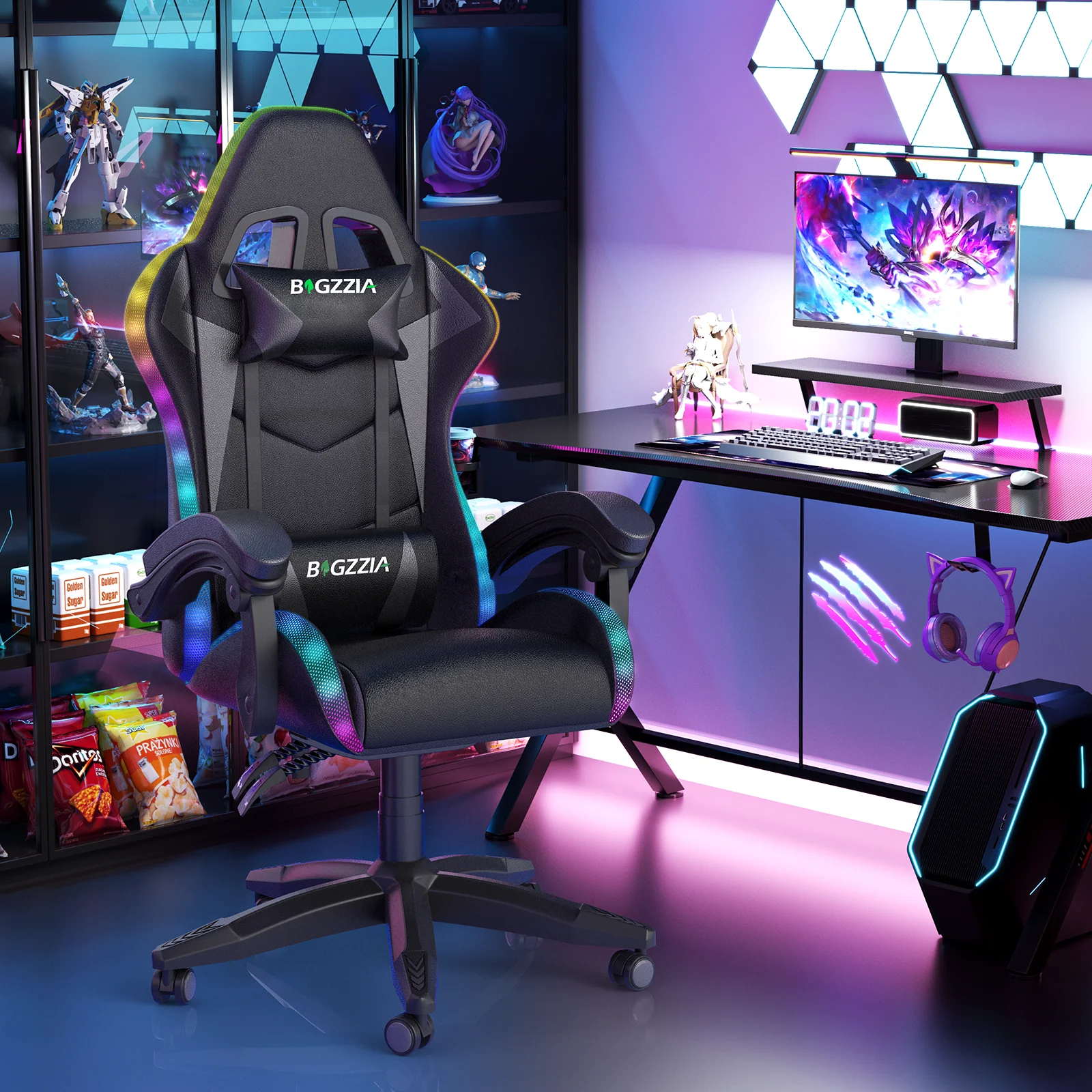 Bigzzia Gaming Chair with LED Lights Ergonomic Office Chair for Adults and Kids - Adjustable Height, 360�� Swivel, Headrest Support, Mesh PU Leather, Black & Green
