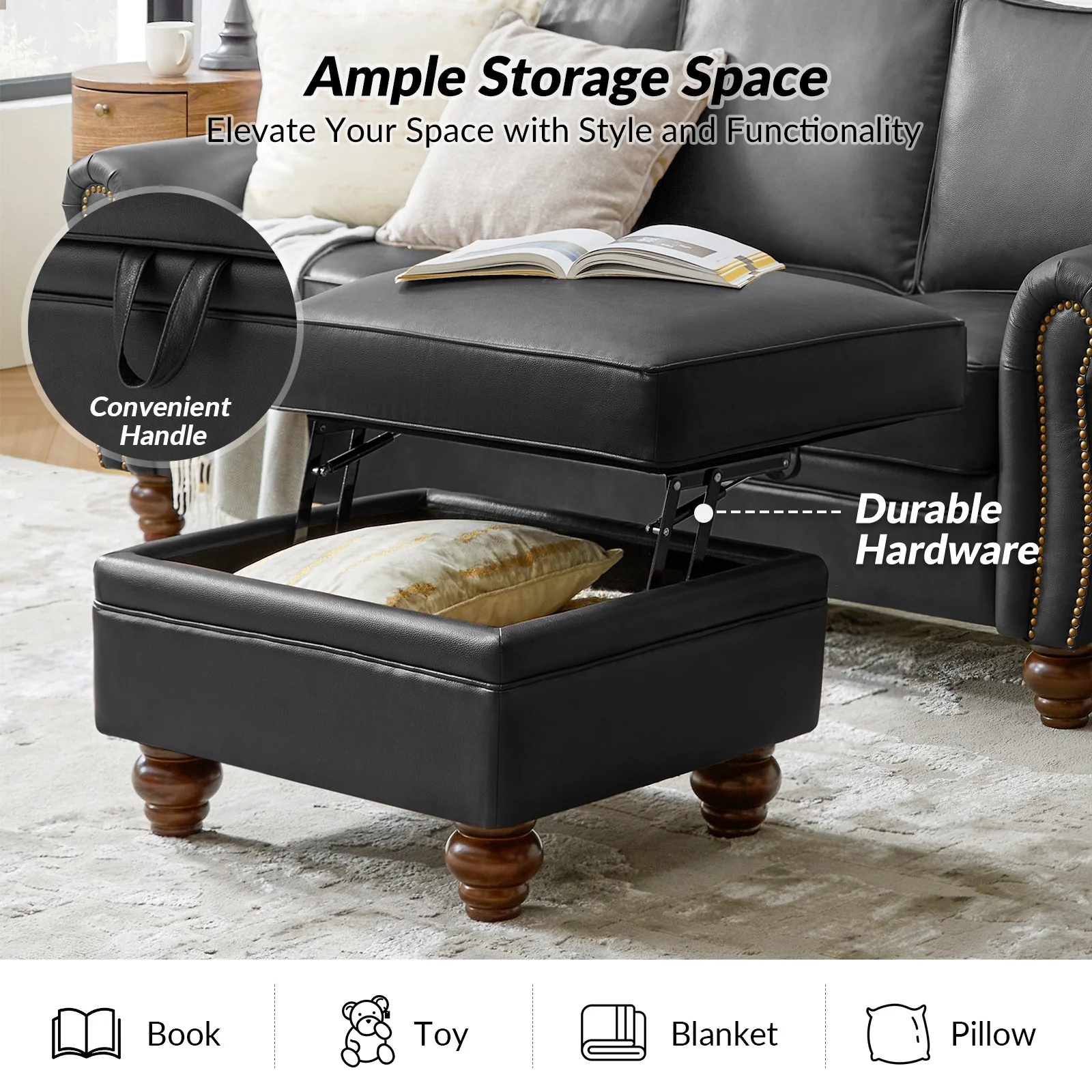 36'' Wide Blue Round Large Ottoman Tufted Coffee Table with Storage Wood Legs Home Living Room