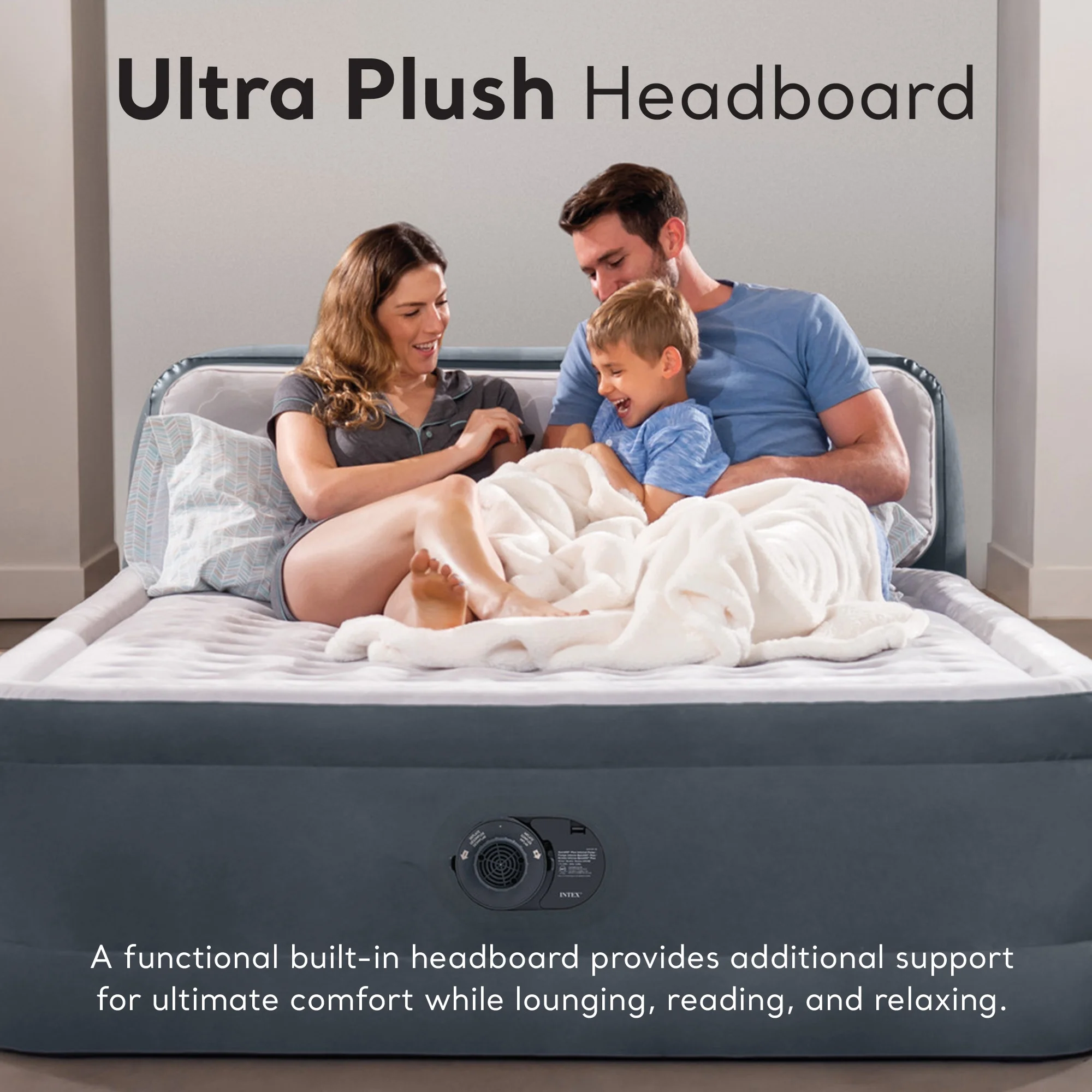 Open Box Intex Dura-Beam Deluxe Plush Headboard Queen Mattress Built-In Pump