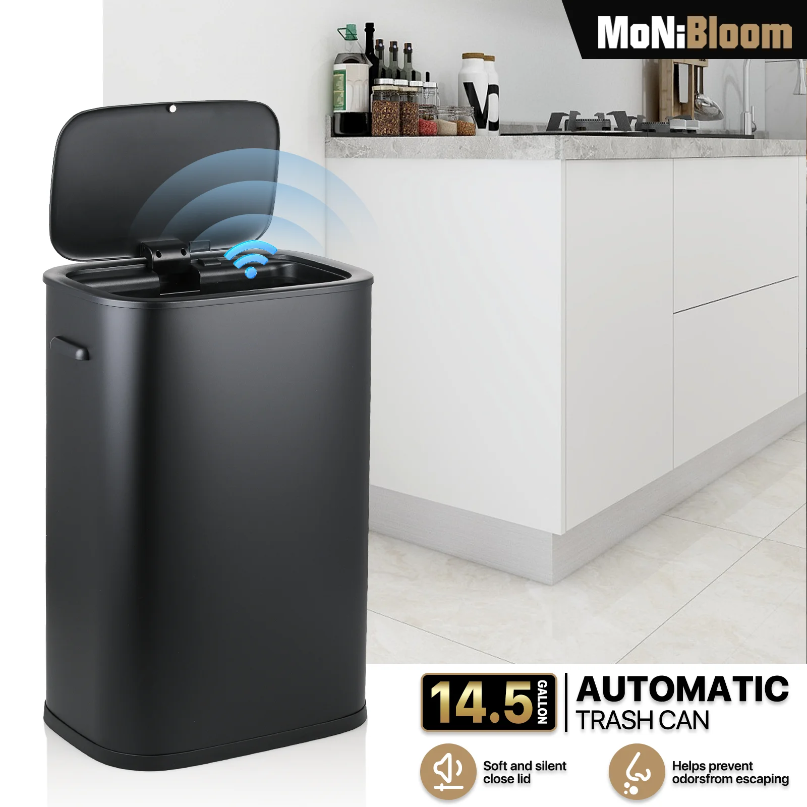 MoNiBloom Kitchen Trash Can 14.5 Gallon Garbage Can Automatic Motion Sensor Waste Bin Touchless Trash Can with Lid for Home Bathroom Office, Silver