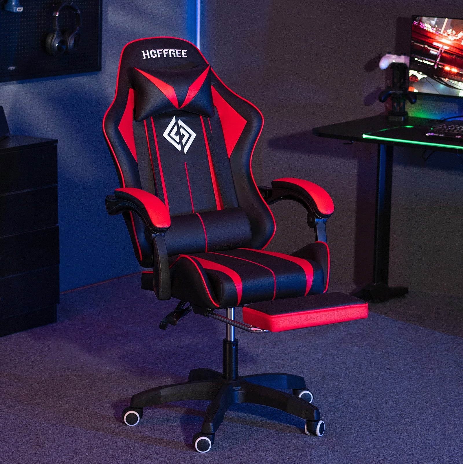 Hoffree Gaming Chair Massage Game Chair with Footrest and Massage Lumbar Support Ergonomic Computer Chair Height Adjustable with Swivel Seat and Headrest