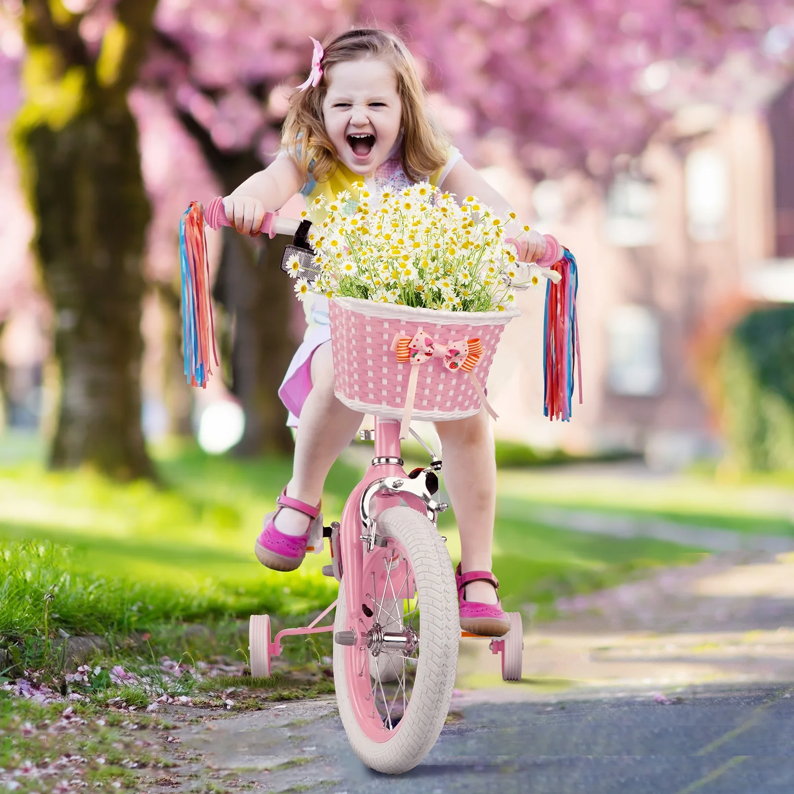 XJD Girls Bike for Toddlers 3-9 Years Old Kids, 14 Inch Kids Bike with Training Wheels, Streamers, Basket and Doll Seat, Children Bicycles with Handbrake