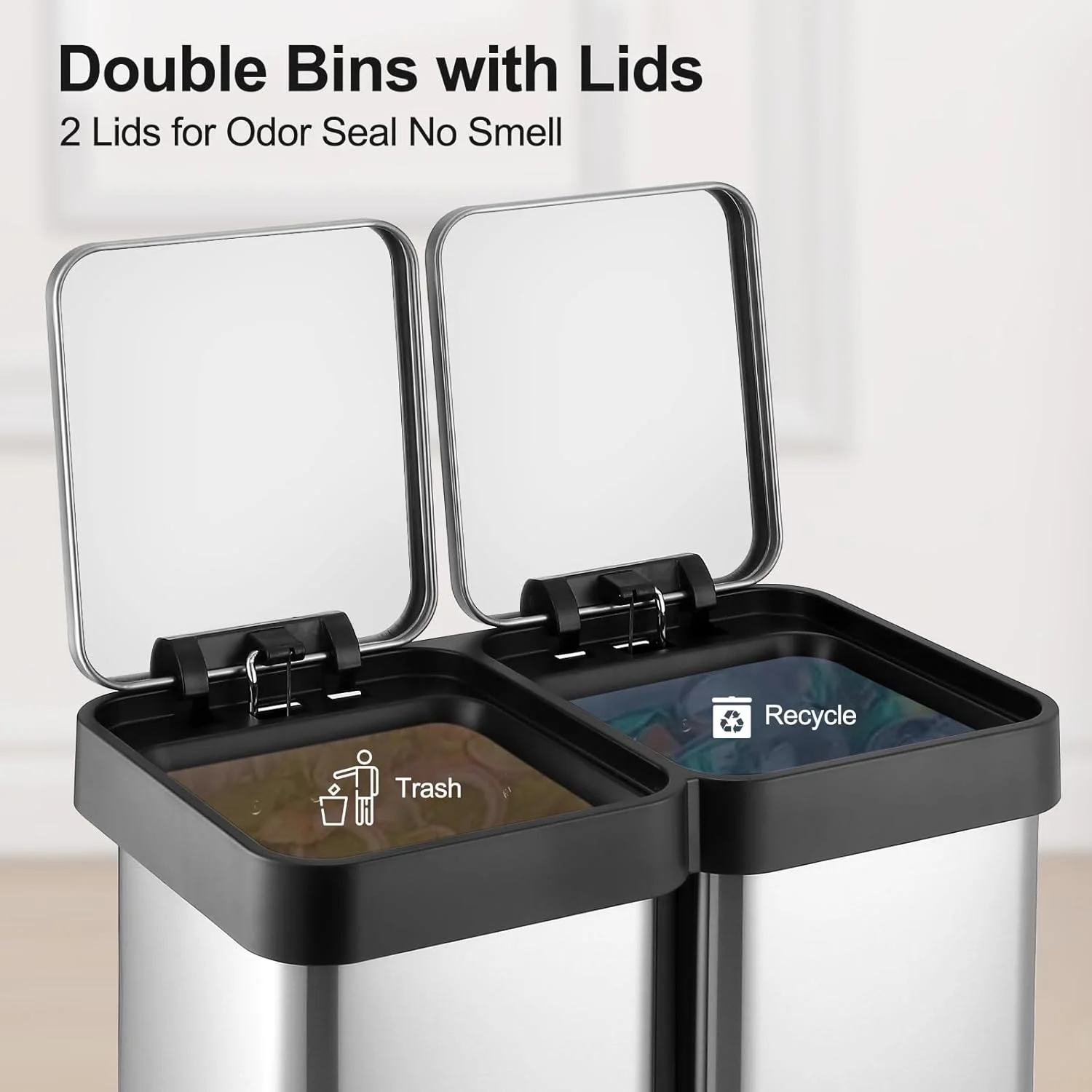 16 Gallon/ 60L Dual Kitchen Trash Can, 2x8 Gallon Stainless Steel Double Garbage Can with Inner Bucket, Two Compartment Step Recycle Bin with Soft-Close Lid for Kitchen, Office