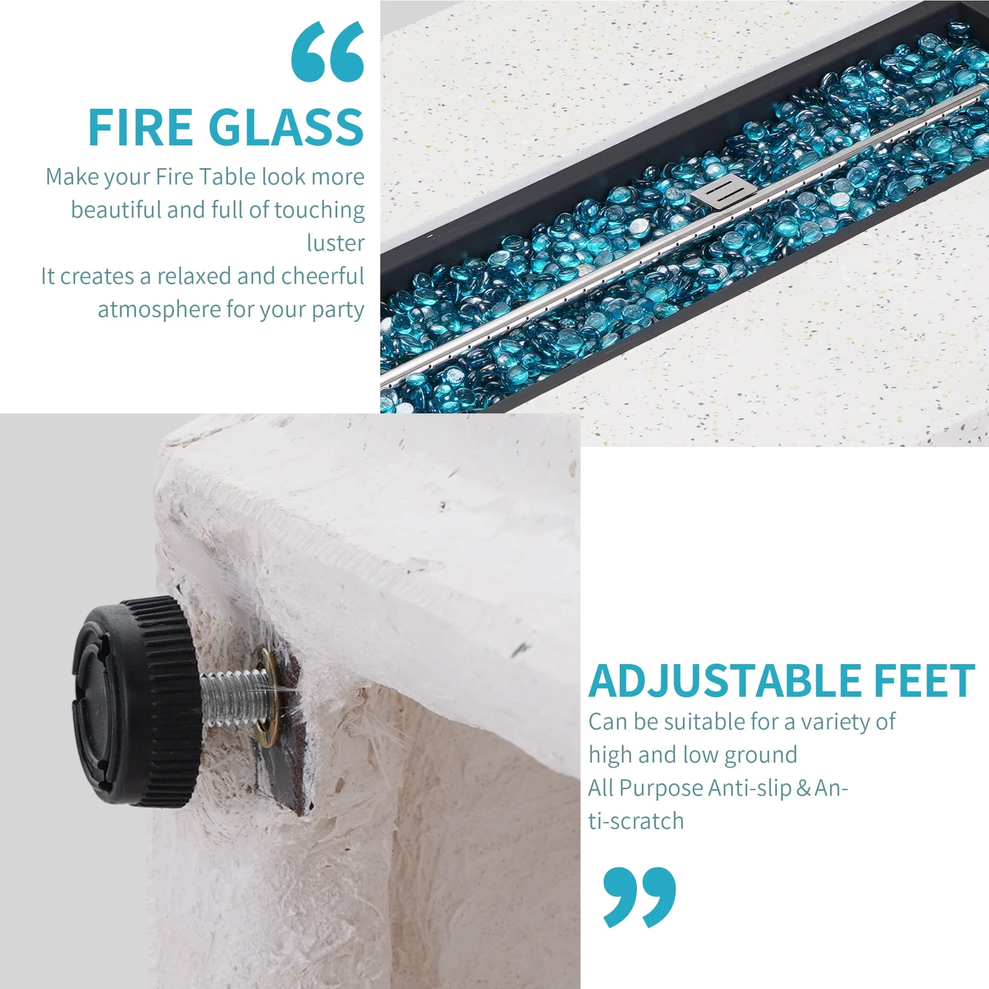 ESSENTIAL LOUNGER 56 inch Concrete Propane Fire Pit Table, 50,000 BTU Outdoor Firepit Rectangular Table for Garden＆Patio, with Propane Tank Metal Stand, Fire Glass Beads and Waterproof Cover, White