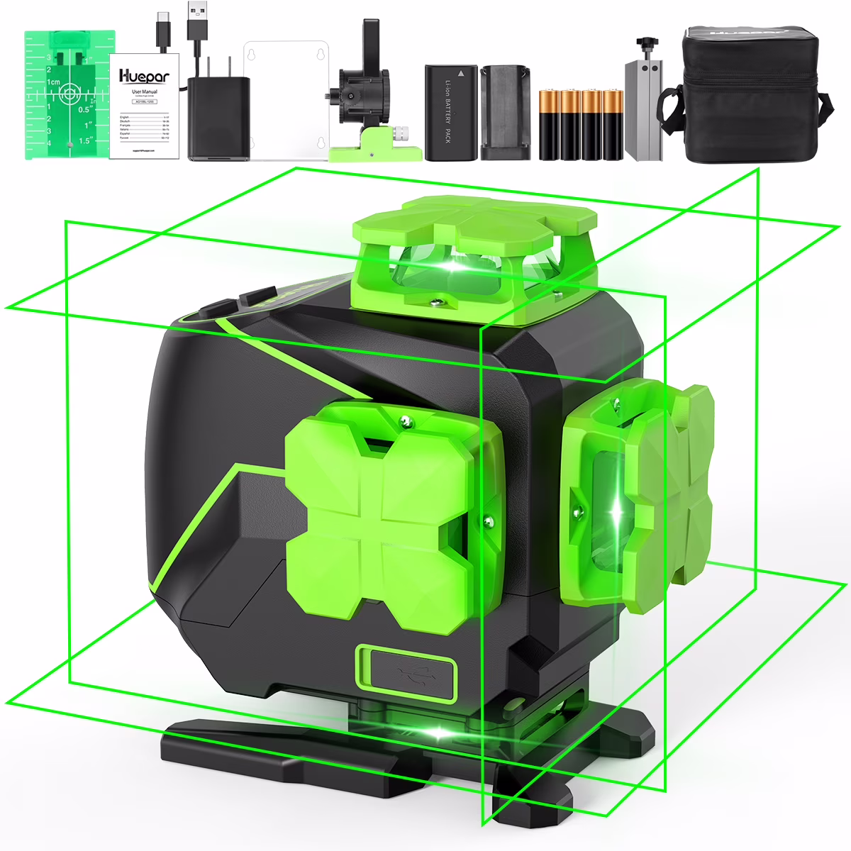 Huepar 3 x 360 Degree Cross Line Laser Level 3D Self-leveling Tiling Floor Green Beam Laser Leveler Tools with Li-ion Battery & Pivoting Base S03DG-L