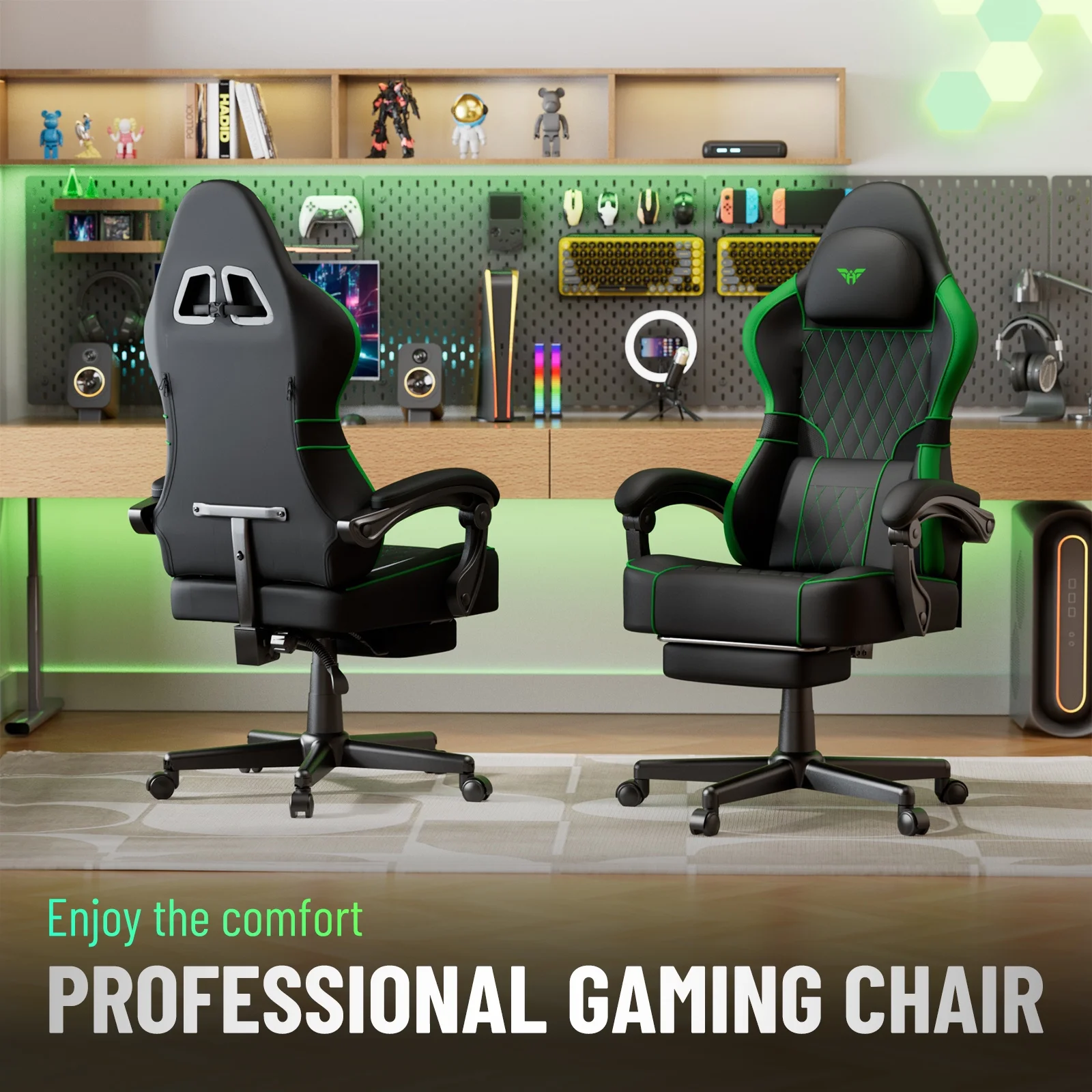 SOONTRANS Gaming Chair for Adults, Velvet Fabric High Back Comfortable Video Game Chair with Footrest and Massage Lumbar Cushion, Racing Computer Desk Chair, Ergonomic Gamer Chair, Black/Grey