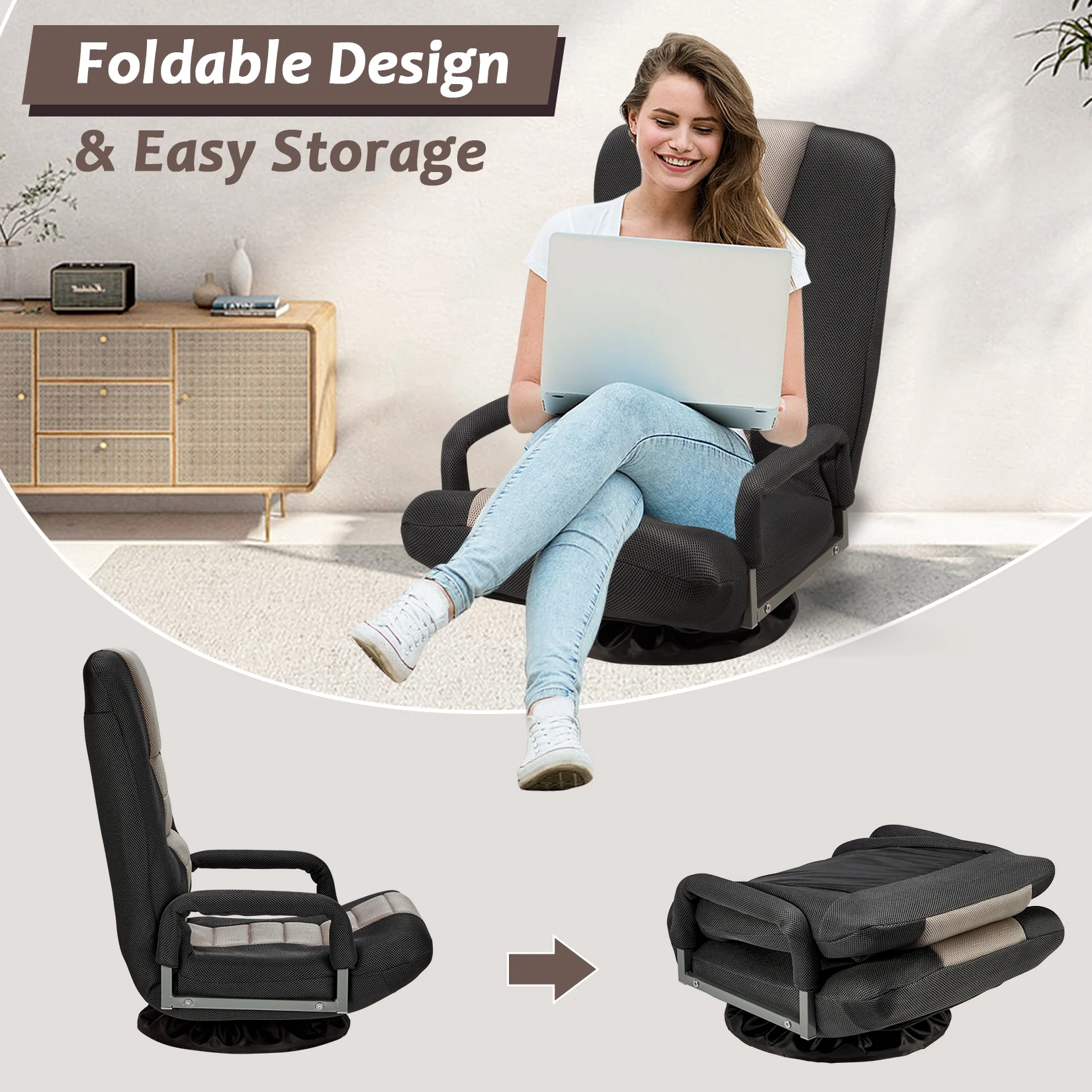 Avocahom Swivel Gaming Floor Chair w/ Armrest Handles, No Assembly gaming chair rocker, Folding Reclining Sofa w/6 Position Adjustable Backrest for Video Games, Watching TV, Reading,Blue