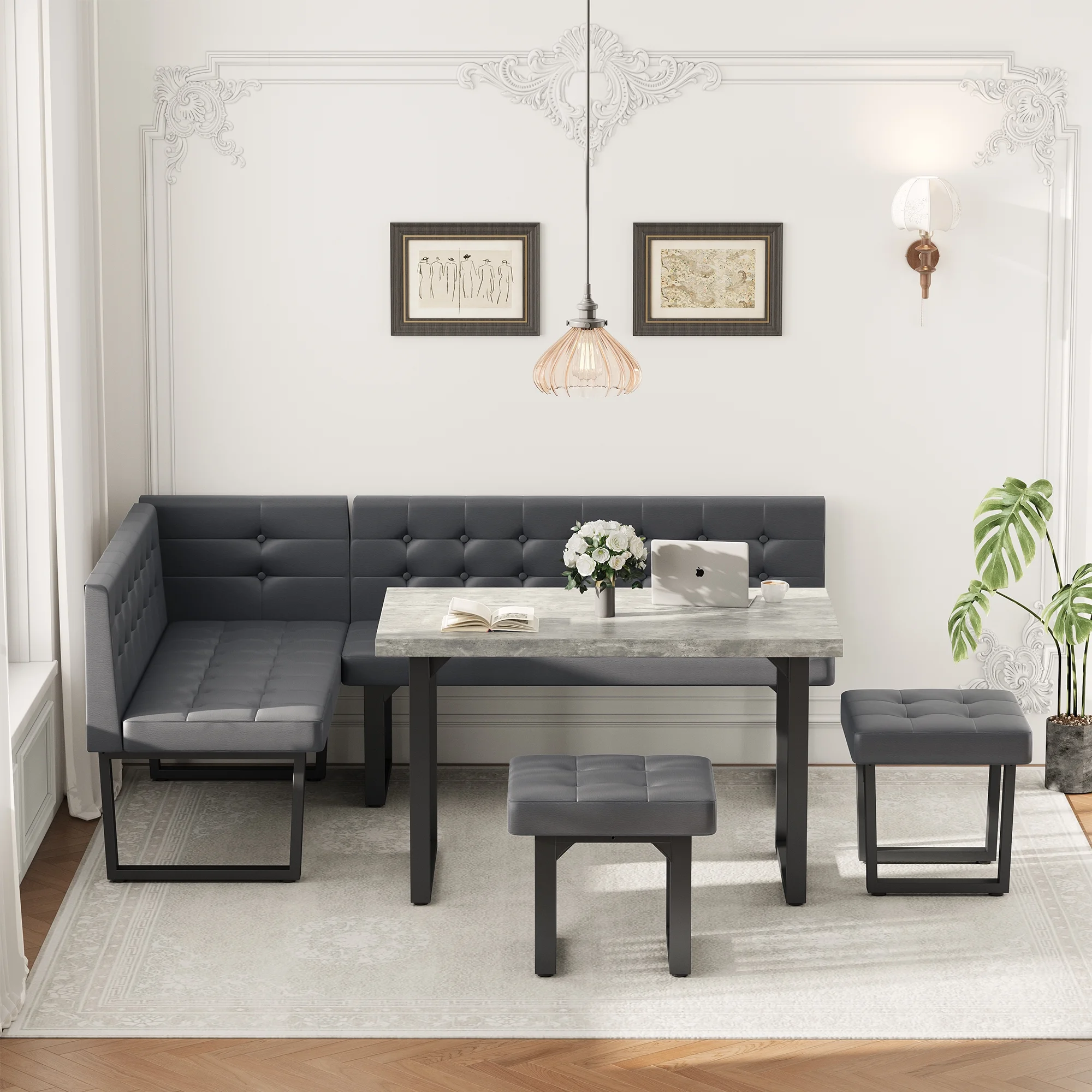 Brafab 5 Piece Corner Dining Breakfast Nook with Table and Bench Modern Kitchen Table Set with Gray Upholstered Banquette Seating