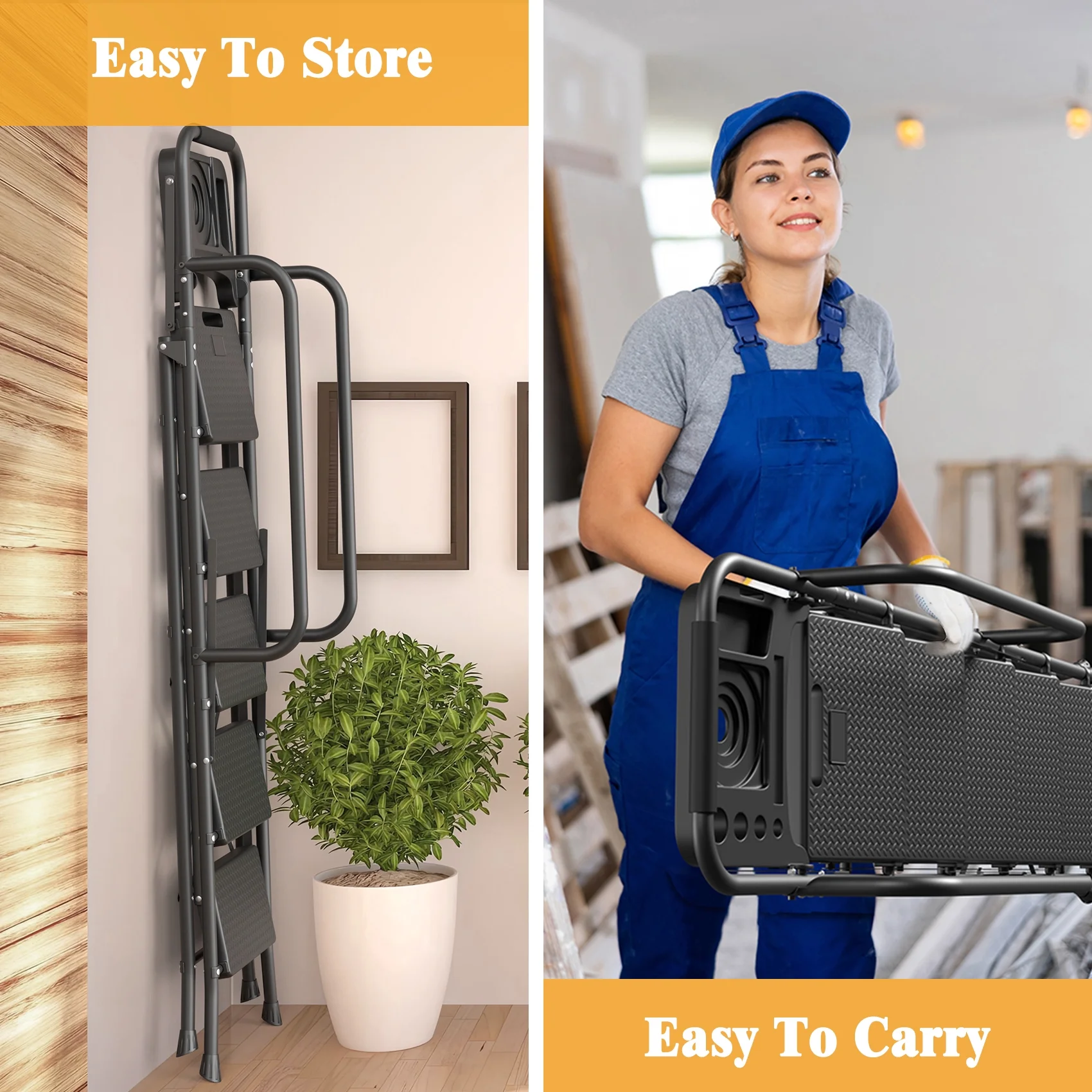 JOZ 5-Step Ladder, 350lbs Portable Folding Ladders for Home, with Handrails and Tool Tray and Anti-Slip Pedal, Black