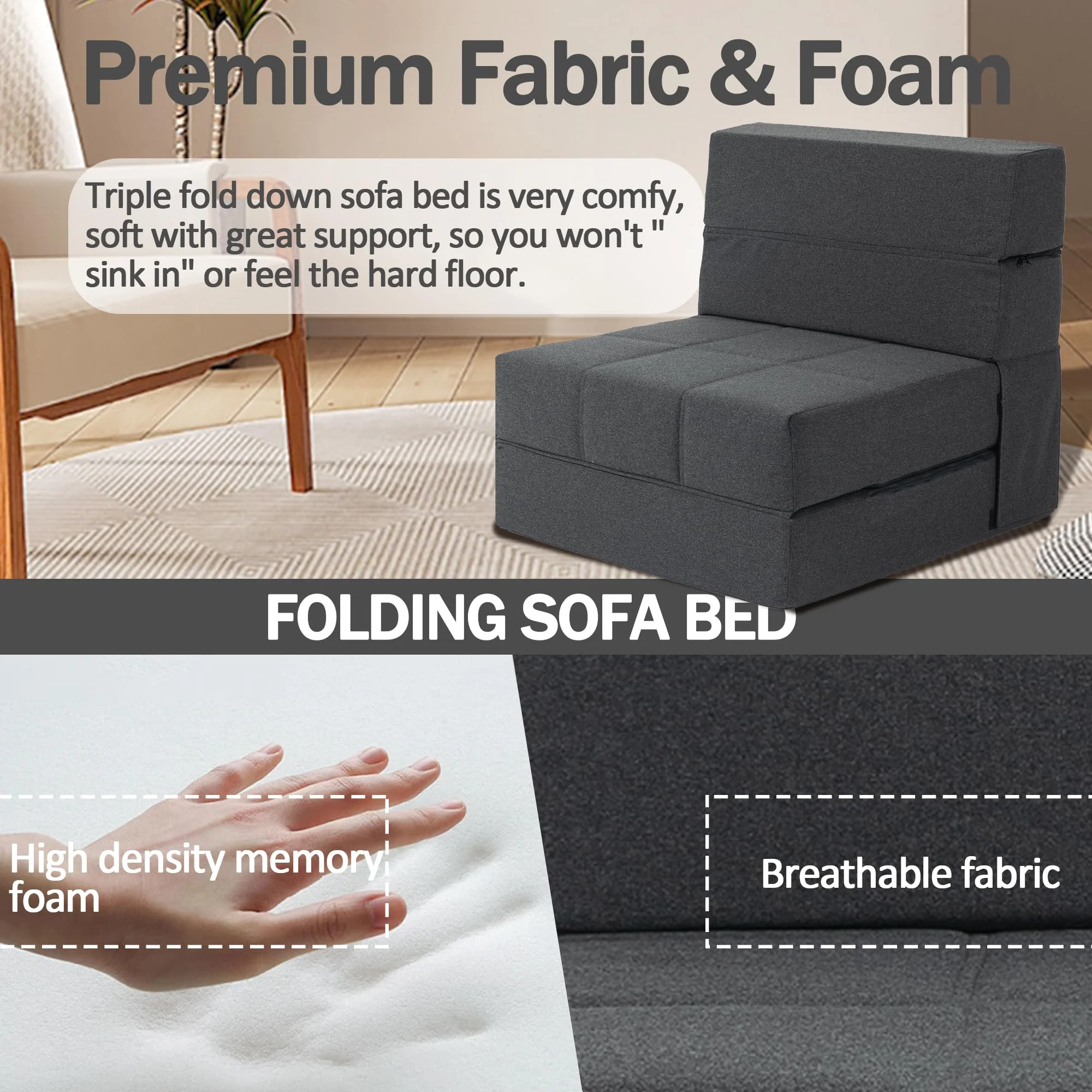 Folding Sofa Bed, 7 inch Memory Foam Floor Couch, Convertible Sleeper Foldable Mattress Futon Sofa for Living Room/Home Office/Guest Beds/Apartment/Upstairs Loft, Dark Gray, Single