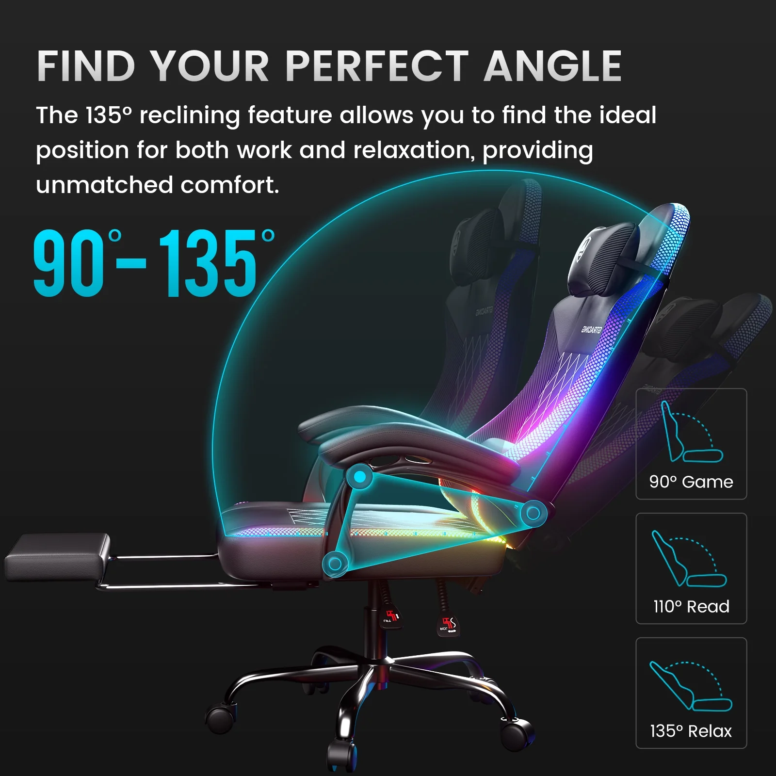 GTRACING RGB Ergonomic Gaming Chair with Massage, LED Lights, Footrest, Lumbar Support and Backrest, Black