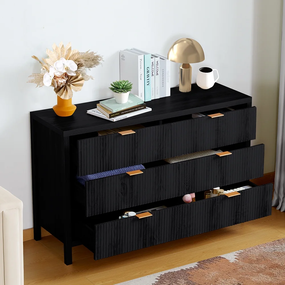 YOCWO Fluted Nightstand for Bedroom Set of 2 , Wood Bedside Table Set of 2 with Drawers, Black