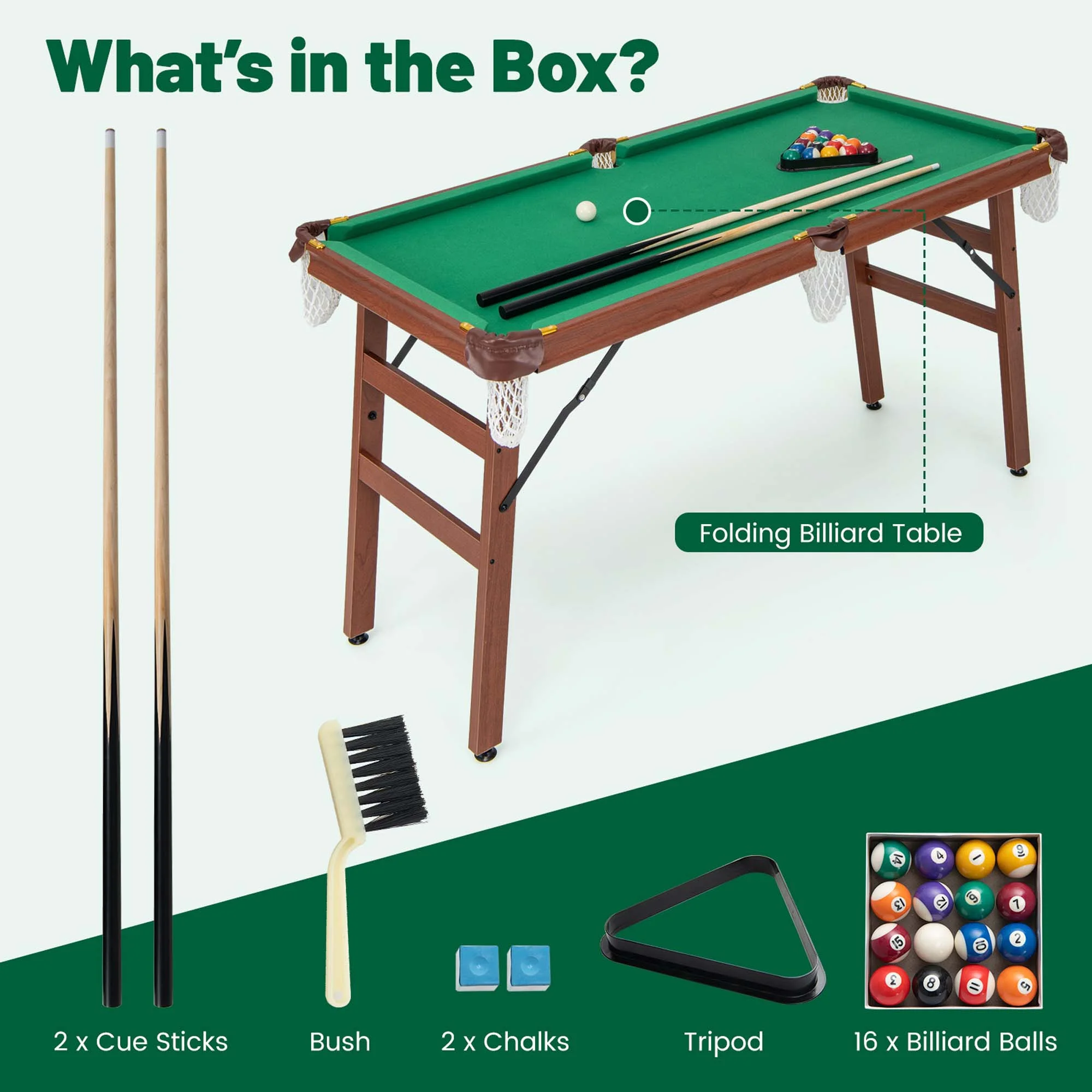 Costway Folding Pool Table Set with Foldable Legs Adjustable Foot Levelers 2 Cues 2 Chalks