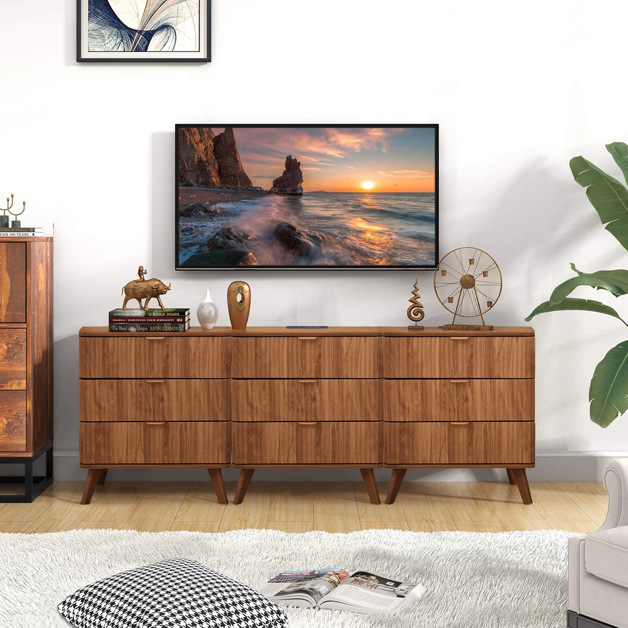 YOCWO Fluted Nightstand for Bedroom Set of 2 , Wood Bedside Table Set of 2 with Drawers, Black