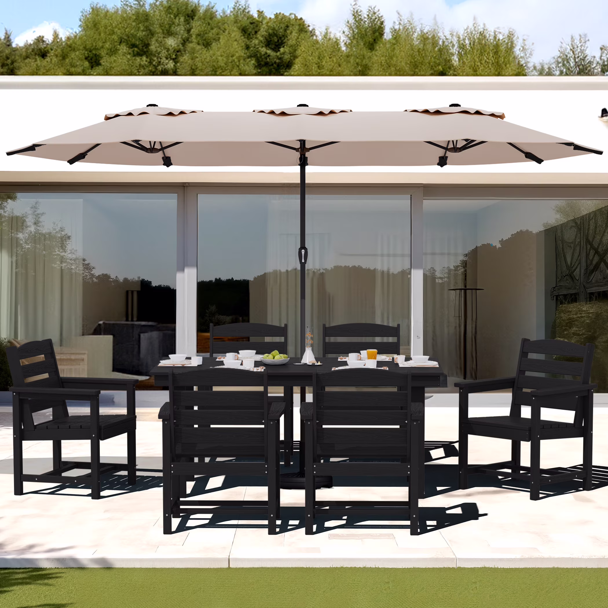 SERWALL Outdoor HDPE Dining Table Set, 7-Piece Outdoor Dining Table Sets with Umbrella Hole, Grey