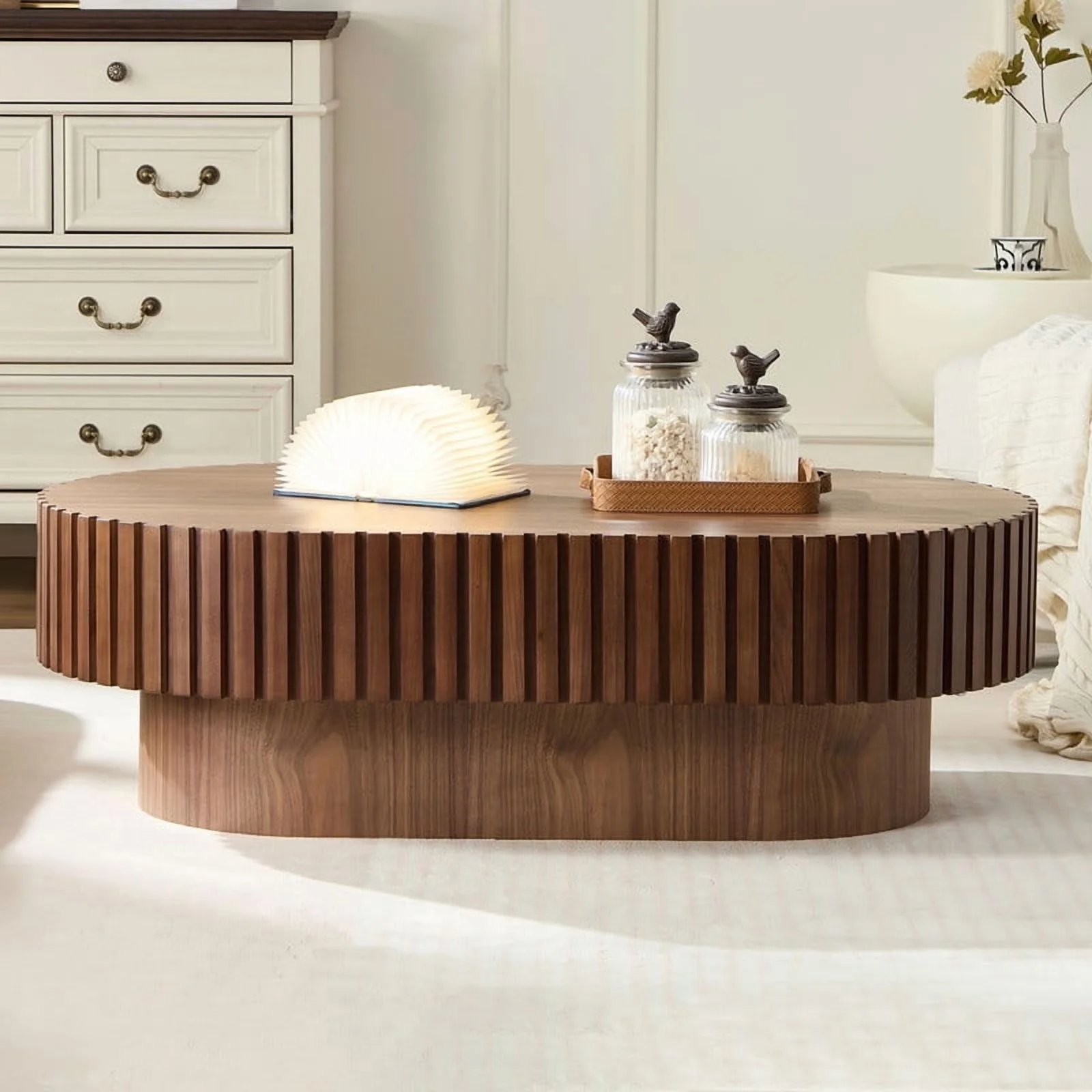 FFH 43.7 inch Oval Coffee Table for Living Room,Handcraft Rustic Corner Coffee Table Nature Wood Relief Sturdy Pedestal for Apartmen,Side Table Centre Table,Nature Wood