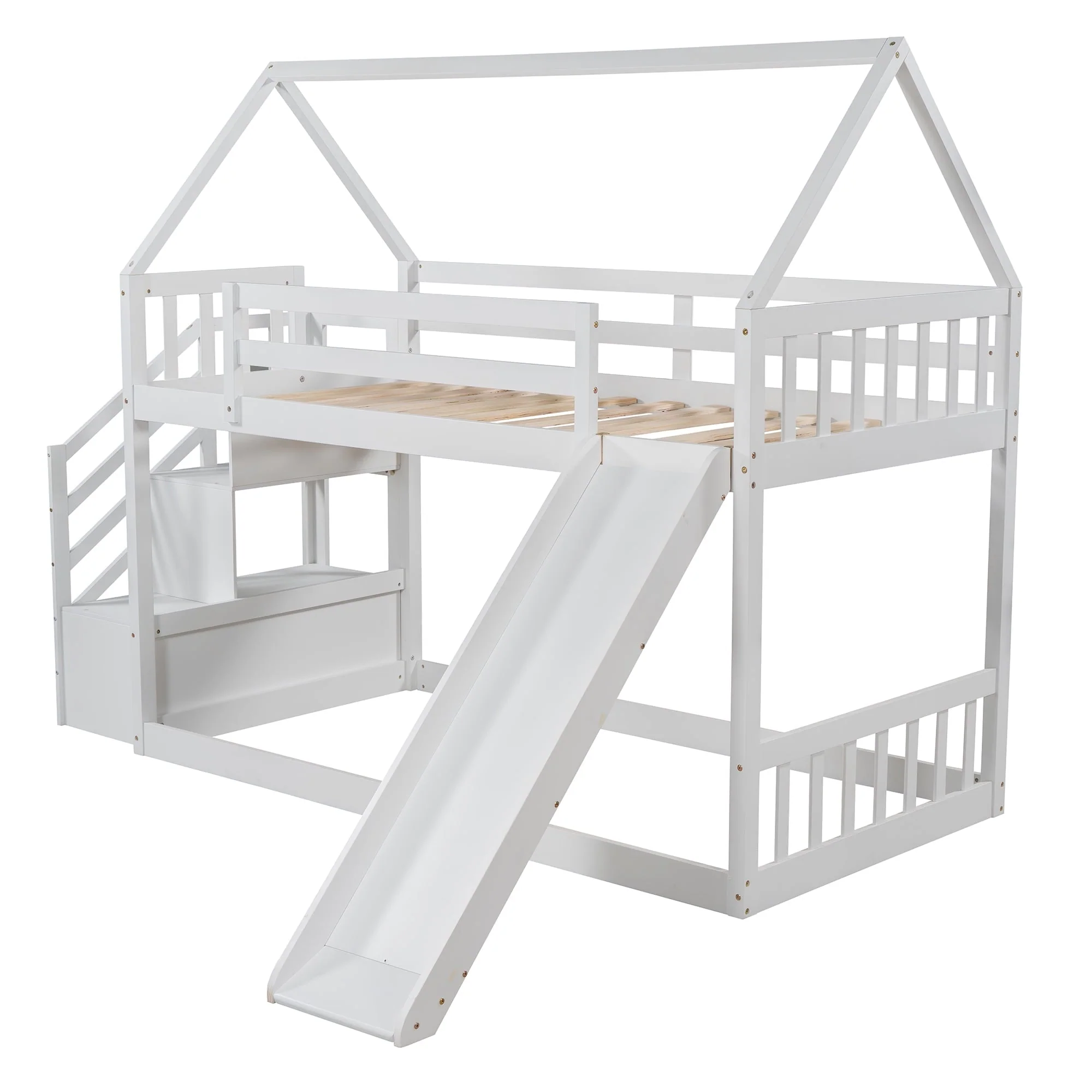 Low Bunk Bed with Slide and Stairs, Wood Twin Over Twin House Bunk Beds for Kids, Floor Bunk Bed with Stairway Easy Assembly (White)
