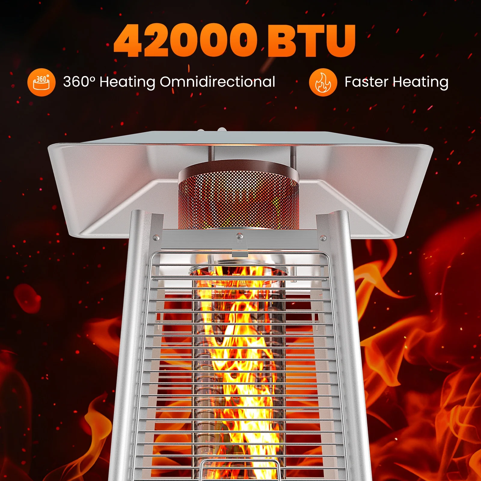 edx 42000 BTU Outdoor Propane Patio Heater Tower with Wheels, Stainless Steel