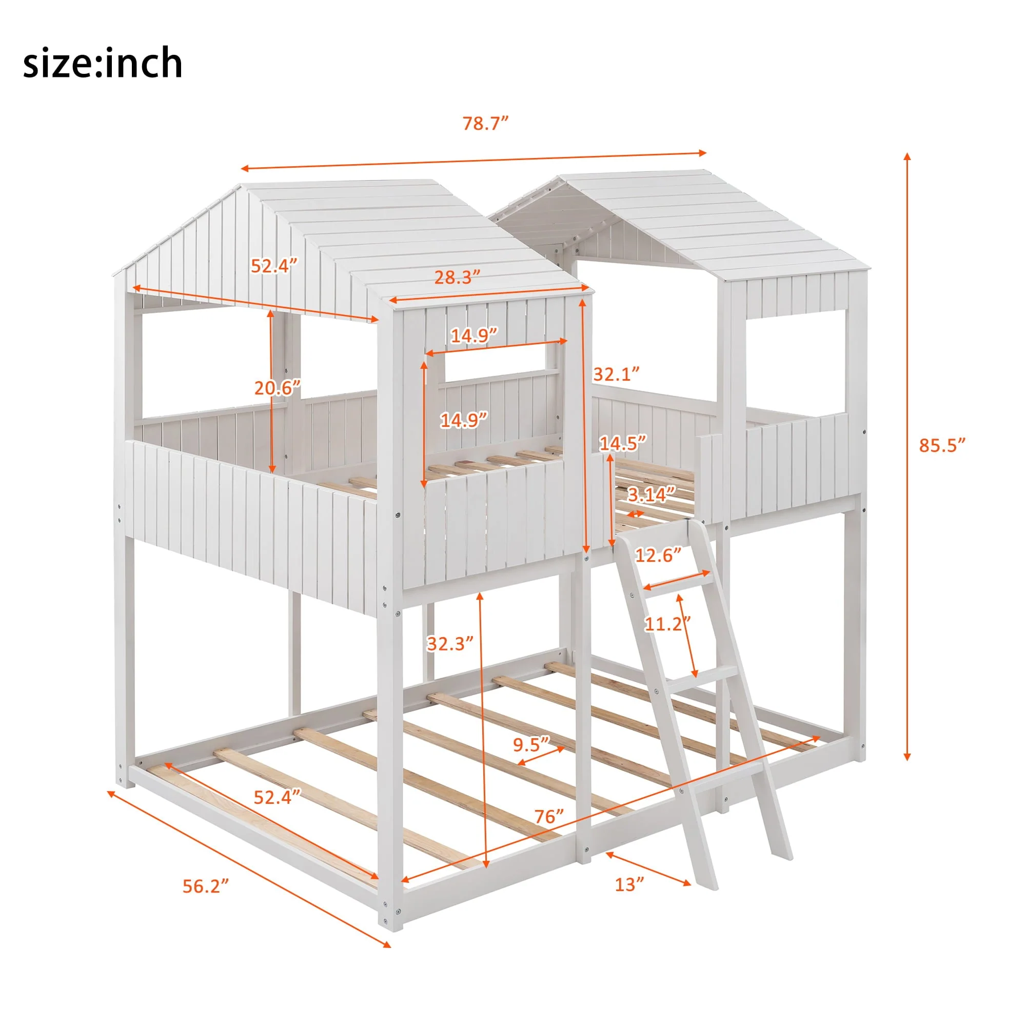 Full Over Full Bunk Bed House Bed with Dual Roofs, Wood Loft Bed Frame with Full-Length Guardrails & Inclined Ladder, Space Saving Design, No Box Spring Needed, White