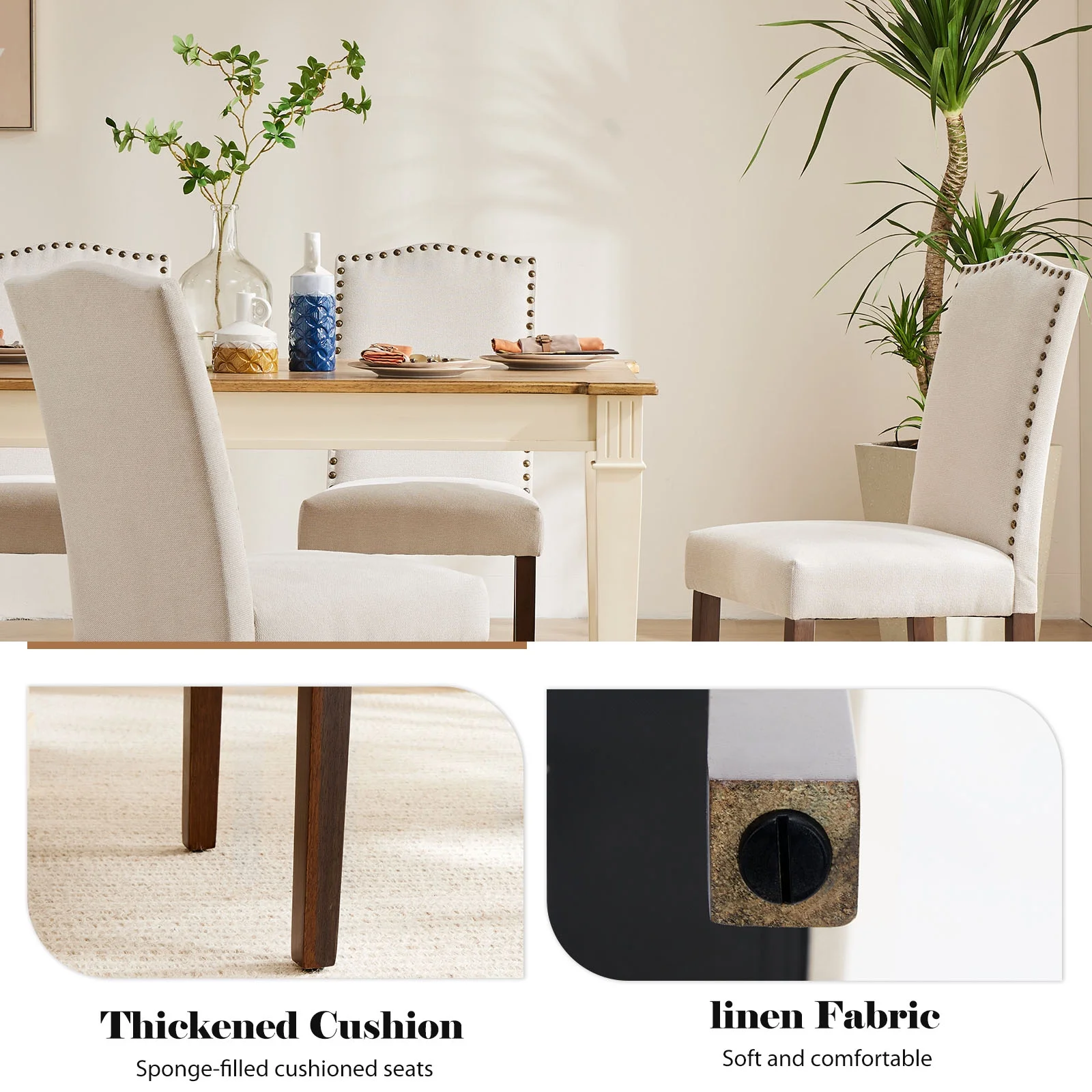 EDX Dining Chairs Set of 2, Parsons Chairs with Nailhead Trim and Wood Legs